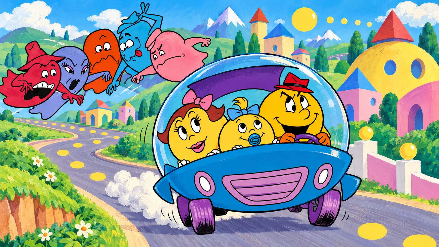 The Hanna-Barbera Pac-Family riding their blue domed car through a painted Pac-Land landscape.