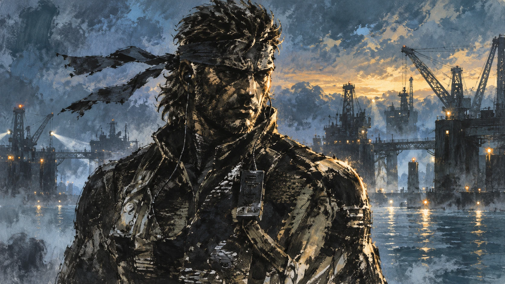 Bandana-wearing tactical figure in dark gear in a misty blue industrial landscape, newly painted for this article.