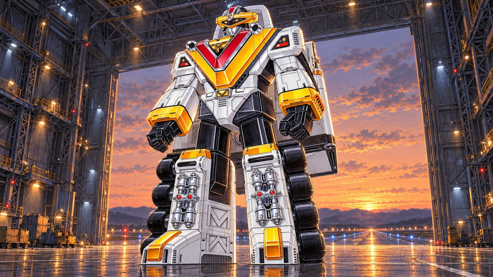Painted Mega Winger standing in an aircraft hangar, with sunset and runway lights behind its white armor.