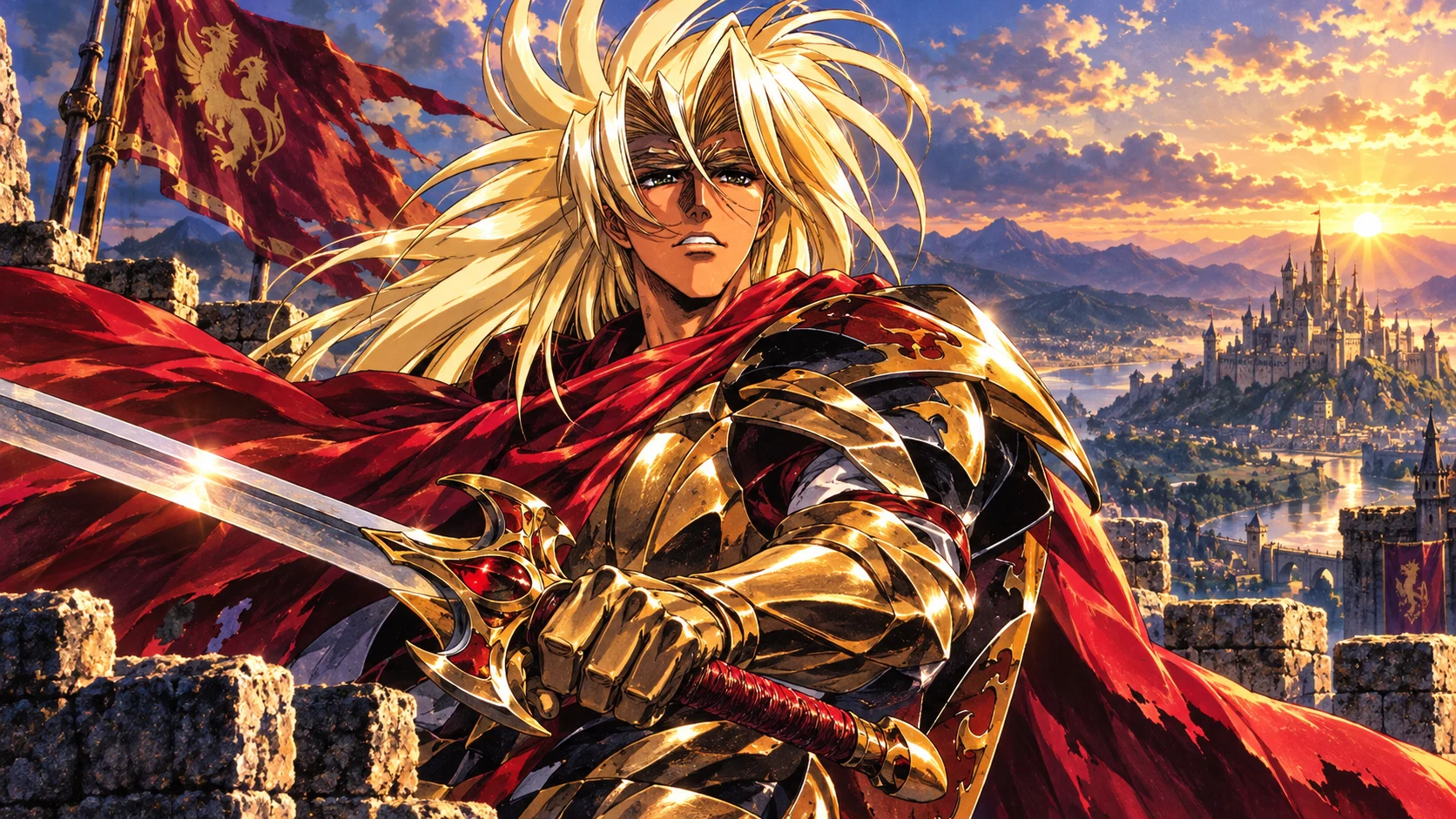 Blond Dihalt in gold and dark armor with a red cape, standing above a castle valley at sunrise.