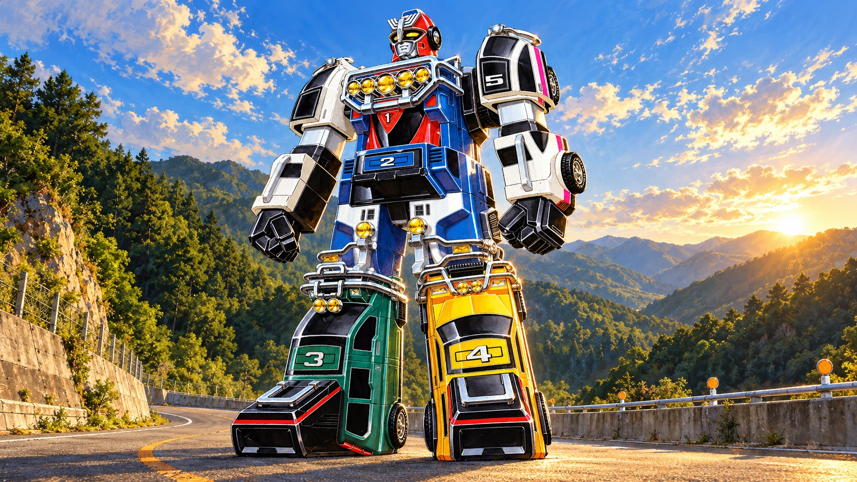 Painted RV Robo standing on a curving mountain road, its green and yellow vehicle legs beneath a blue torso and white arms.