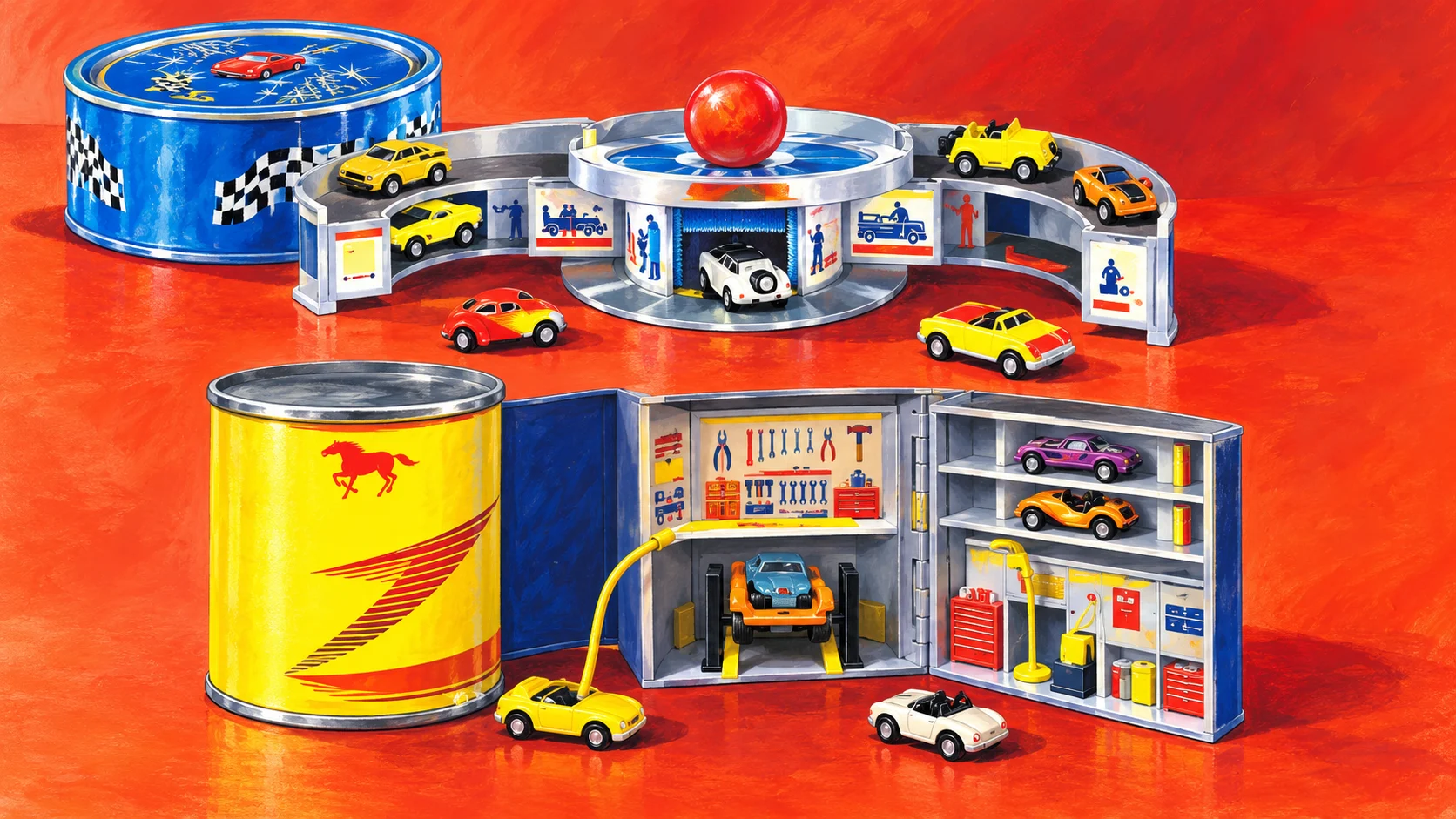Painted editorial scene of tiny toy cars racing through a car-wash playset beside a motor-oil-can garage.