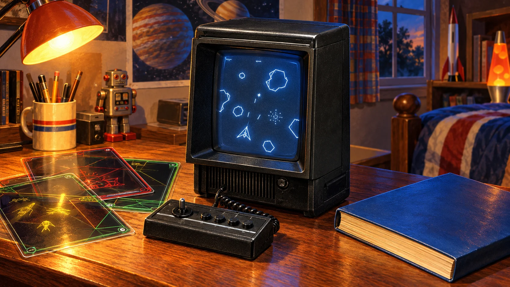 Black Vectrex console and wired controller on a wooden desk, with blue vector graphics on its portrait screen.