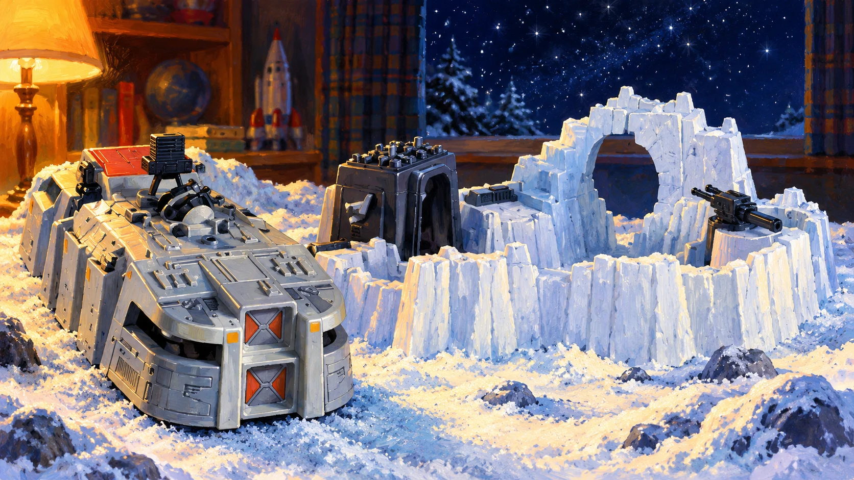 White miniature Hoth ice-fortress and gray radar transport on a snowy tabletop toy display.