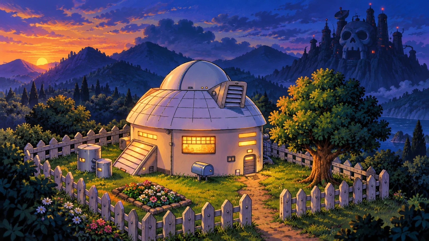 Painted twilight scene of Dr. Light’s round domed laboratory and garden, with a skull-fronted Wily fortress on a distant ridge.