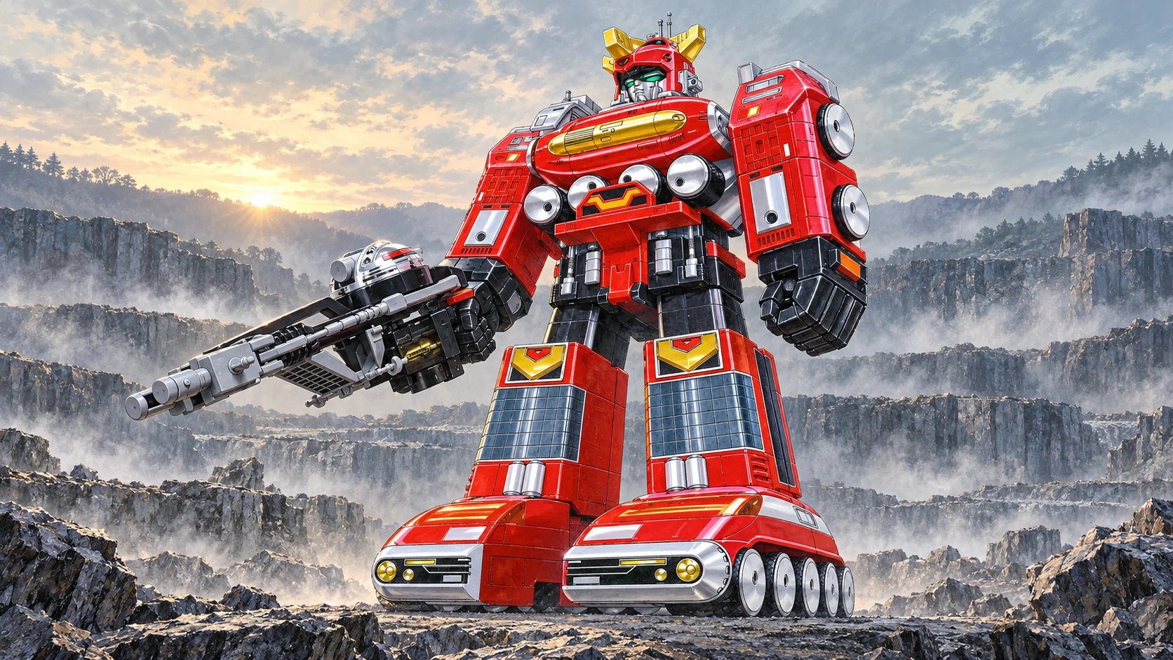 Painted red GigaRhinos holding its long cannon in a misty basalt quarry at dawn.