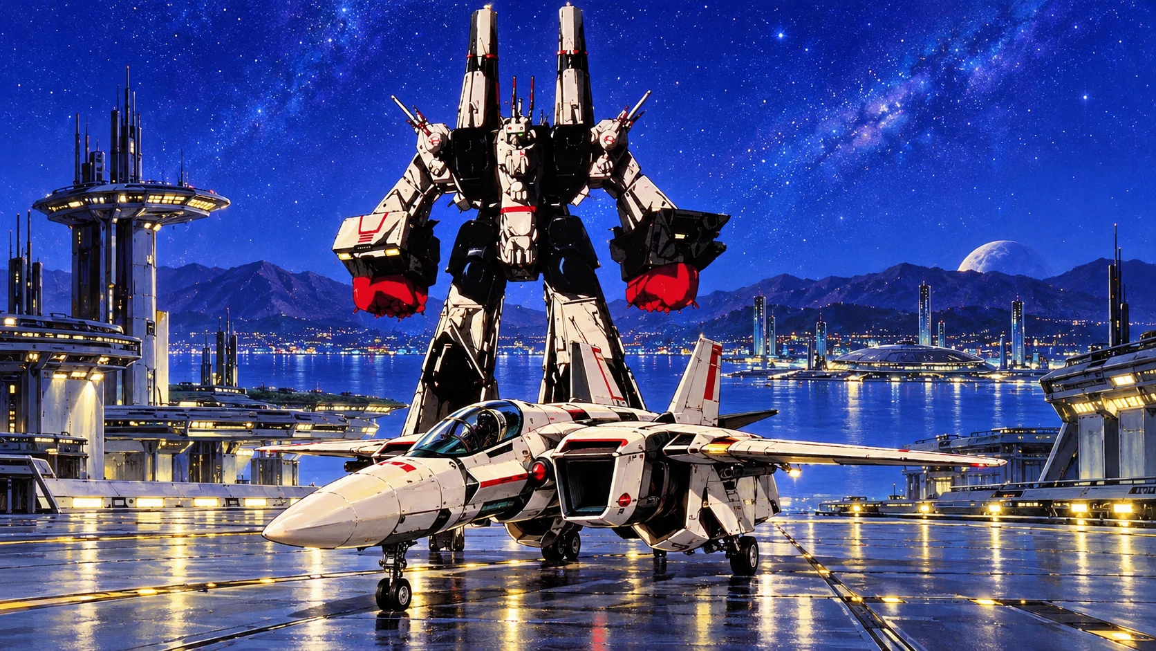 White, black and red transforming robot and its fighter form on a futuristic city landing apron at night.