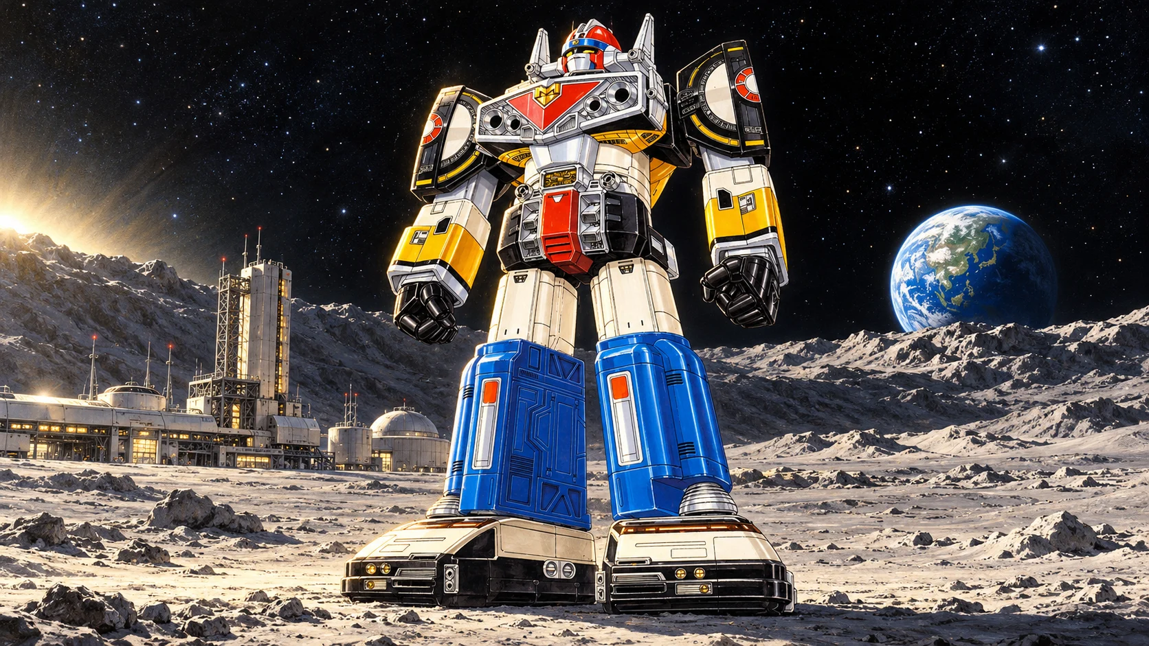 Painted Mega Voyager standing on a gray lunar plain beside a launch facility with Earth above the ridge.