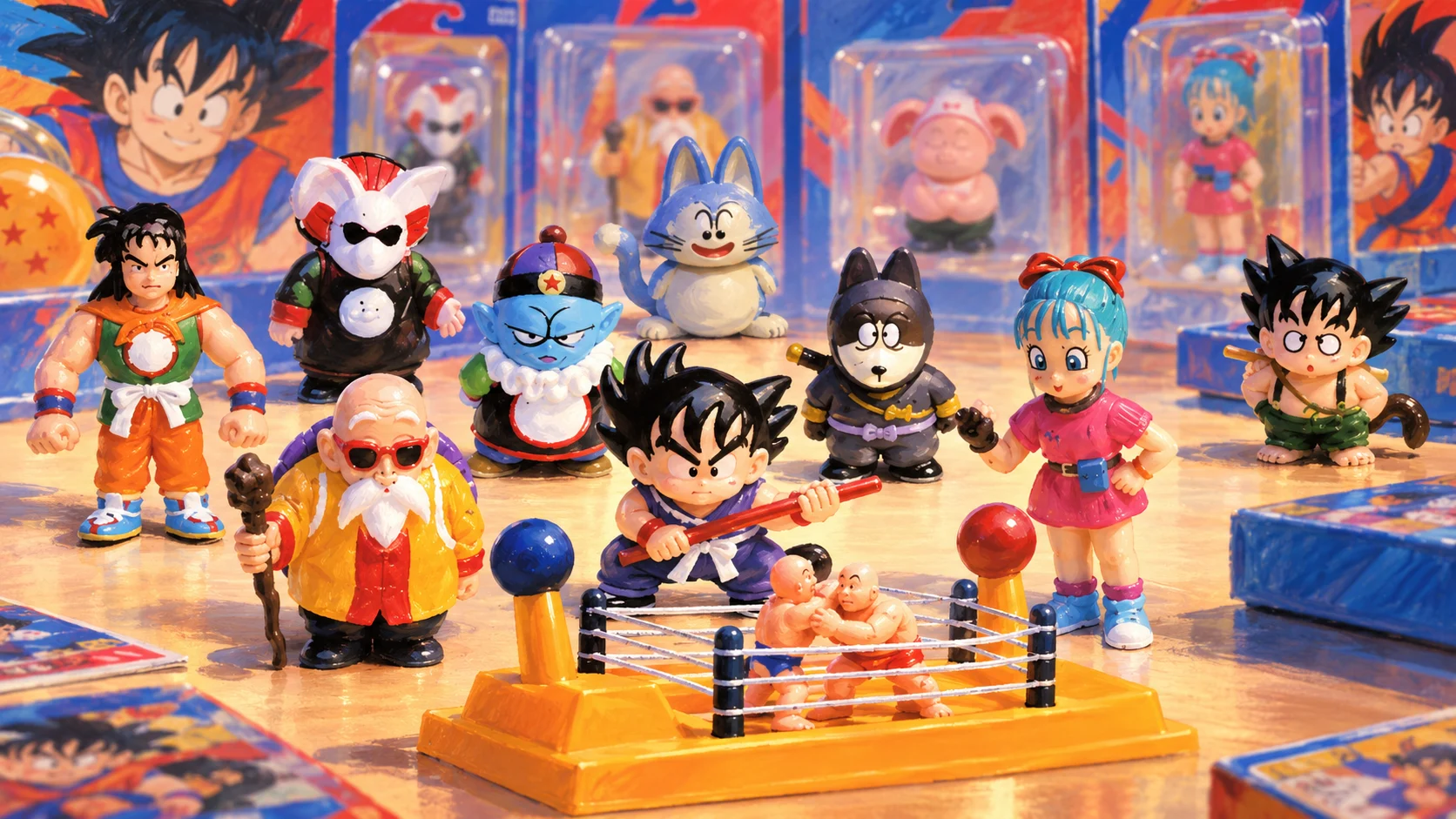 Painted editorial scene of colorful small Dragon Ball figures and a miniature orange wrestling ring on a 1990 toy counter.