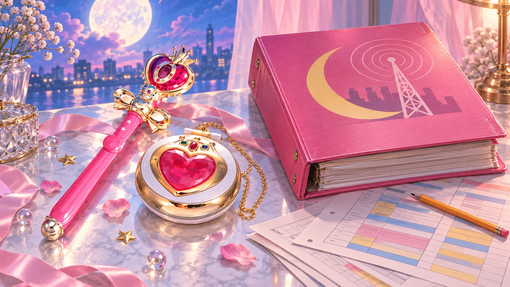 Painted editorial still life of a pink heart wand, jeweled compact, and pink television station binder on a moonlit table.