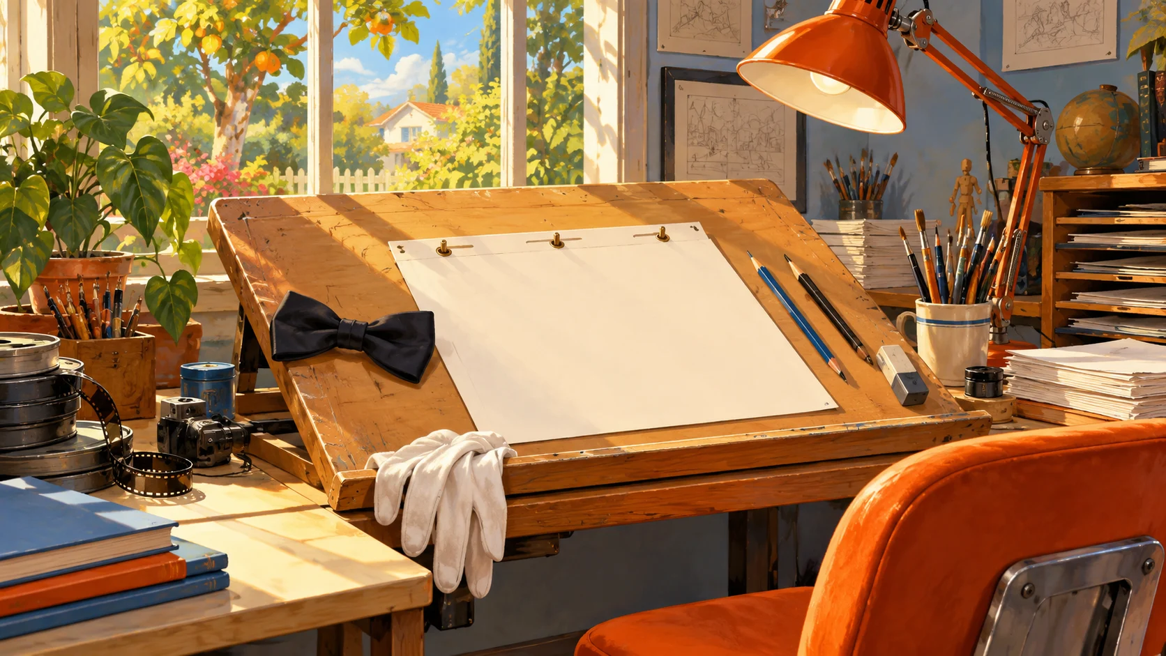 An imagined animation drawing desk with a peg bar, graphite pencils, a bow tie and blank model-sheet paper in morning light.