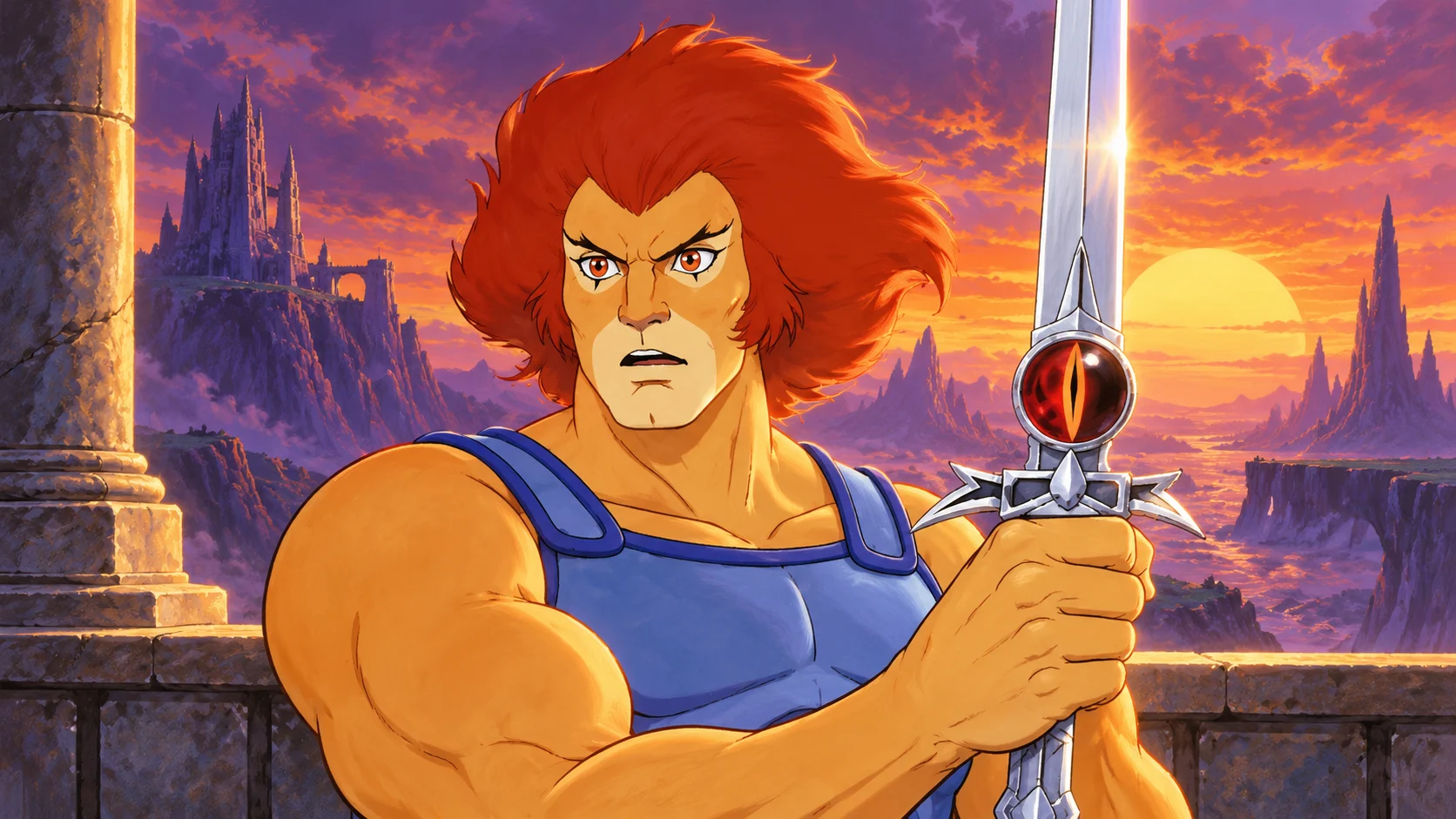 Lion-O in blue armor holding the eye-emblem sword hilt above a stone terrace at an alien sunset.