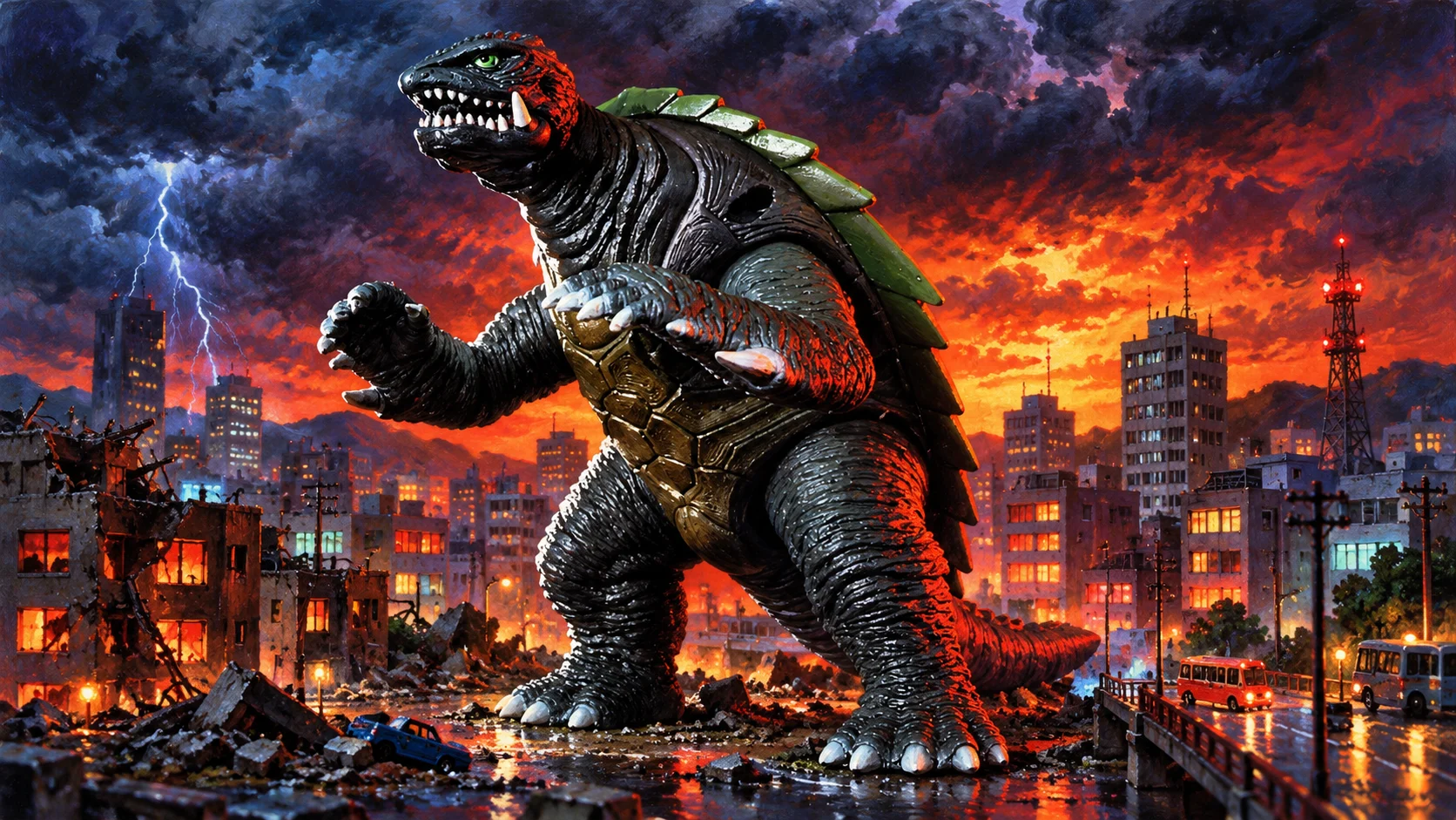 Tusked Gamera with a green shell and charcoal skin towering over a miniature city at twilight.
