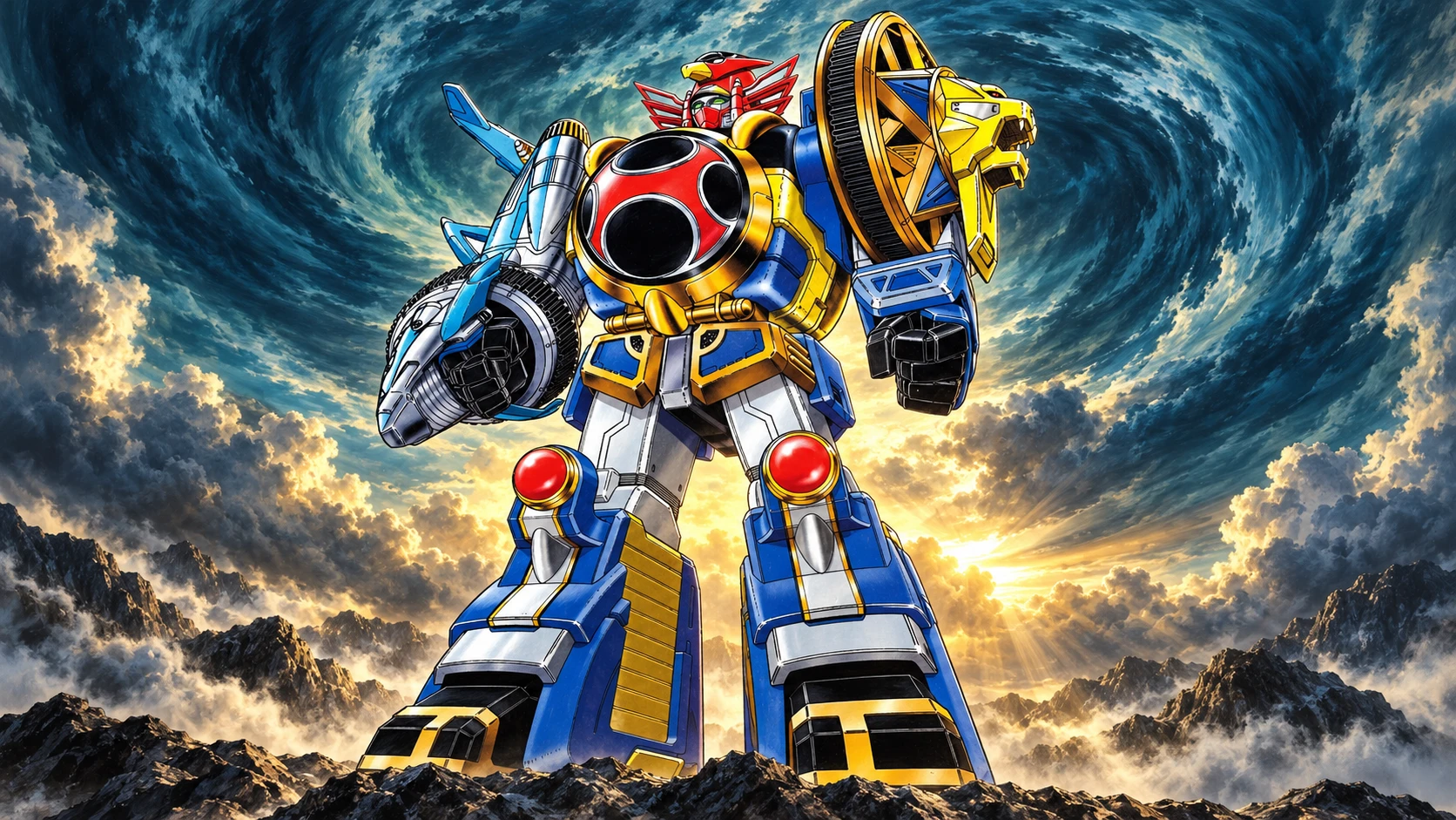 AI illustration of Senpuujin with its red hawk helmet, blue dolphin arm and gold lion-wheel shoulder beneath swirling teal storm clouds and golden light.