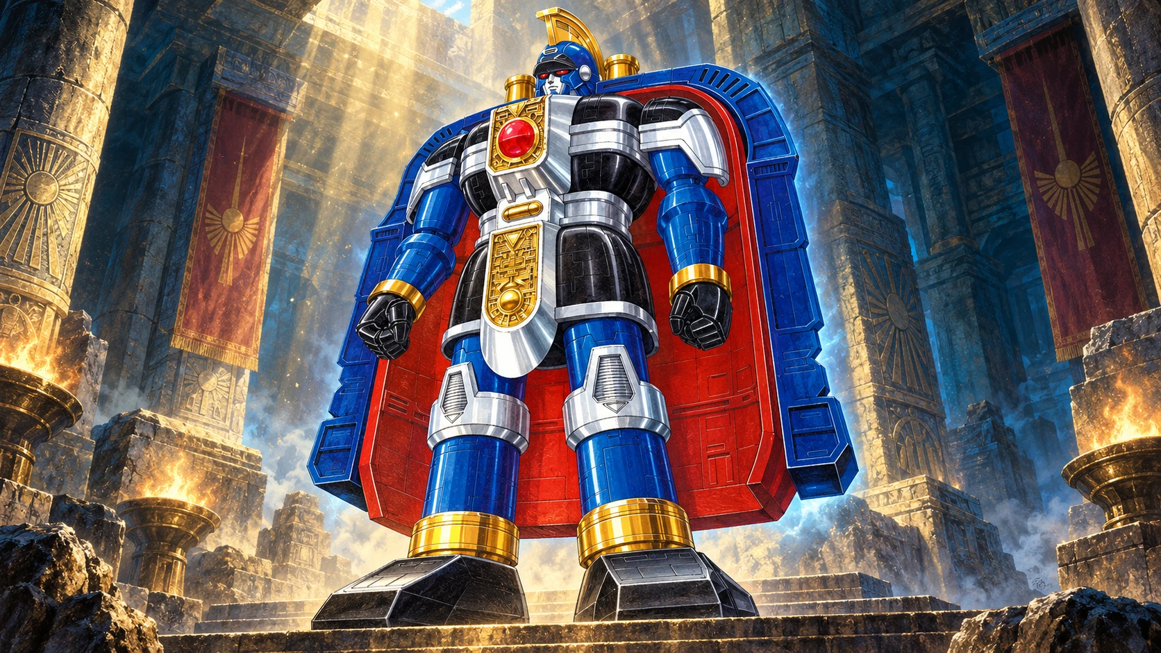Painted AI illustration of Gunmazin standing in an ancient stone chamber, with a blue helmet, gold crest, silver face, black segmented chest and open blue shell with a red interior.