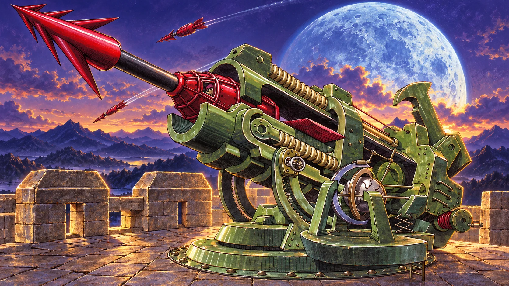 Green spring-and-arrow siege machine in a fantasy landscape beneath a blue moon.