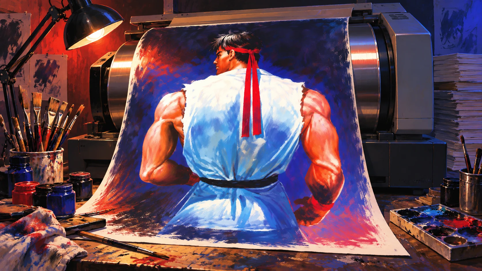 Painted editorial scene of a Ryu illustration in a white gi and red headband curling around a vintage drum scanner.