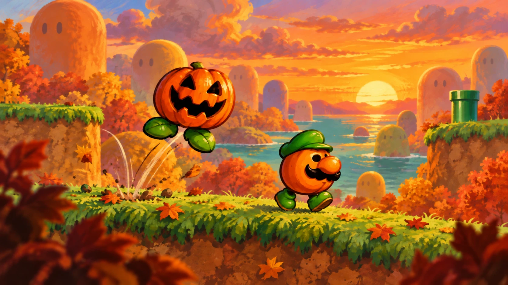 Painted editorial illustration of a Jumping Pumpkin Plant and a green-capped Mask Koopa in an orange and gold Dinosaur Land at sunset.