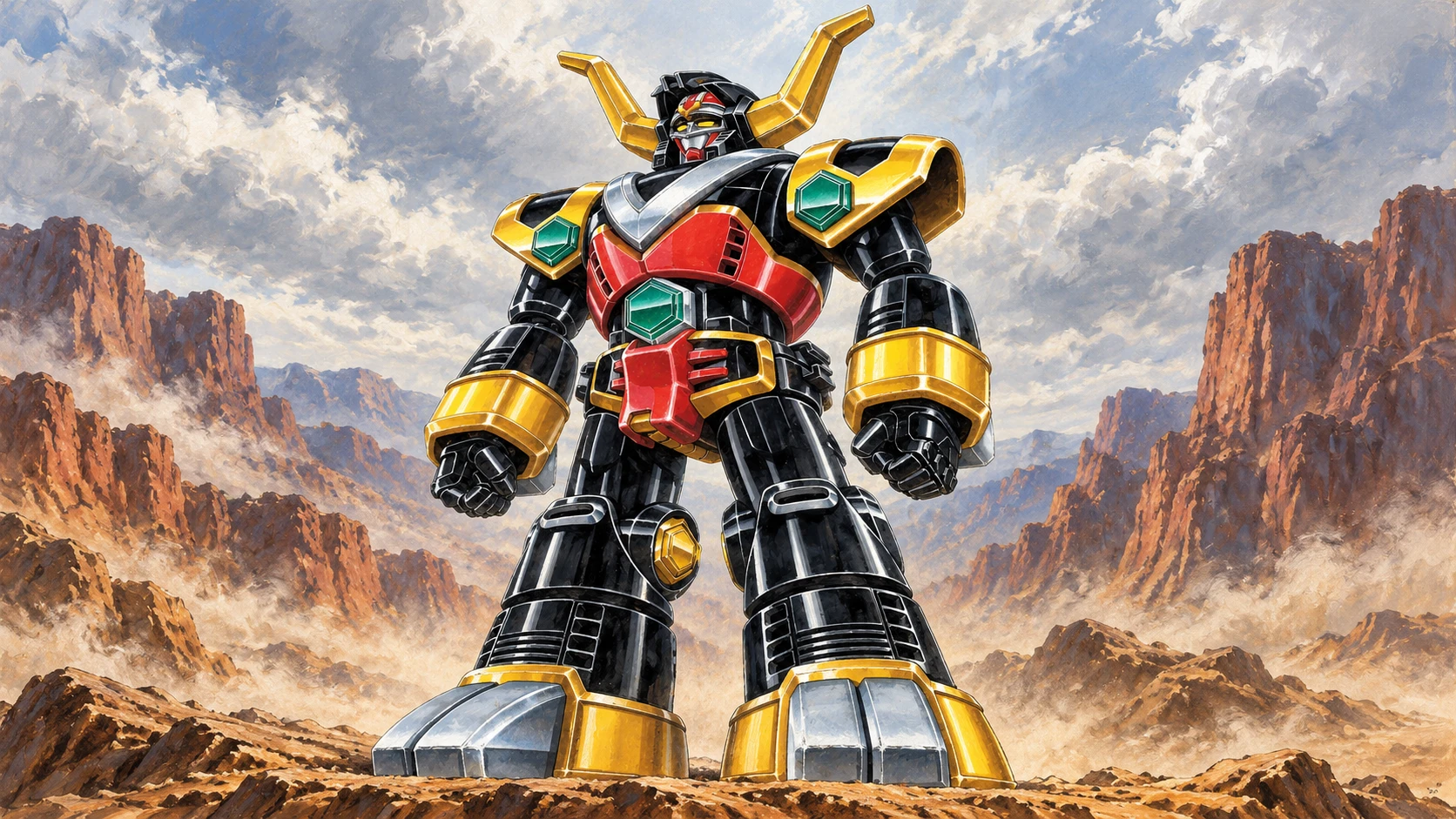 Painted BullTaurus with black armor, long gold horns, red chest and green gems standing on a windswept rocky plateau.