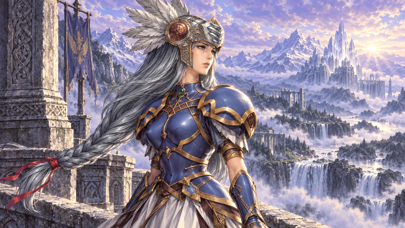 Silver-haired Lenneth in a winged helmet and blue-and-gold armor above a misty Nordic valley.