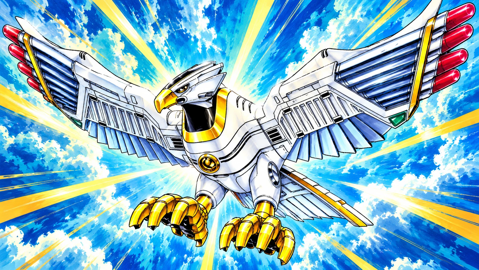 AI cover illustration: White mechanical bird Tsubasamaru spreading its cannon-tipped wings across a blue and gold painted sky.