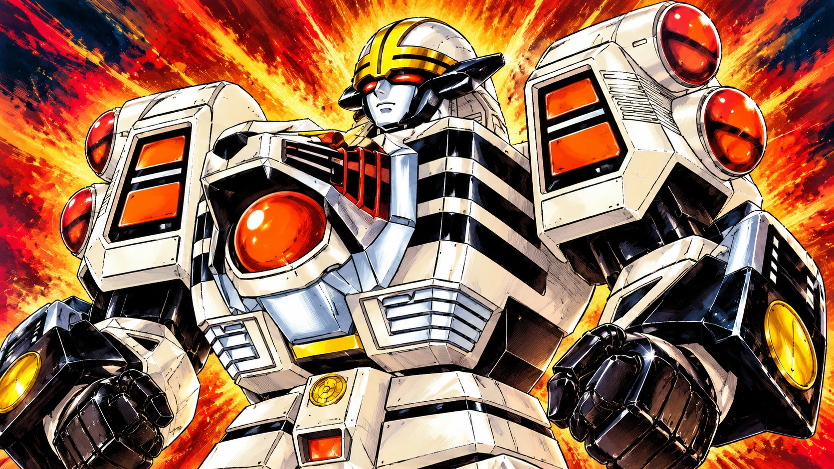AI cover illustration of Won Tiger’s white and black-striped warrior form, with a gold helmet and orange chest jewel, against a red and gold painted burst.