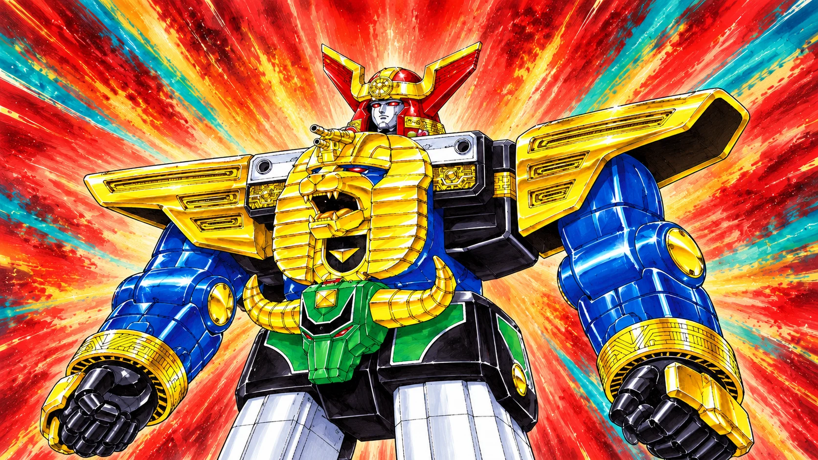 AI cover illustration of Ohranger Robo with its red and gold Wing Head helmet, gold lion-faced chest, broad gold shoulder wings, blue arms and green bull-faced abdomen against painted energy rays.