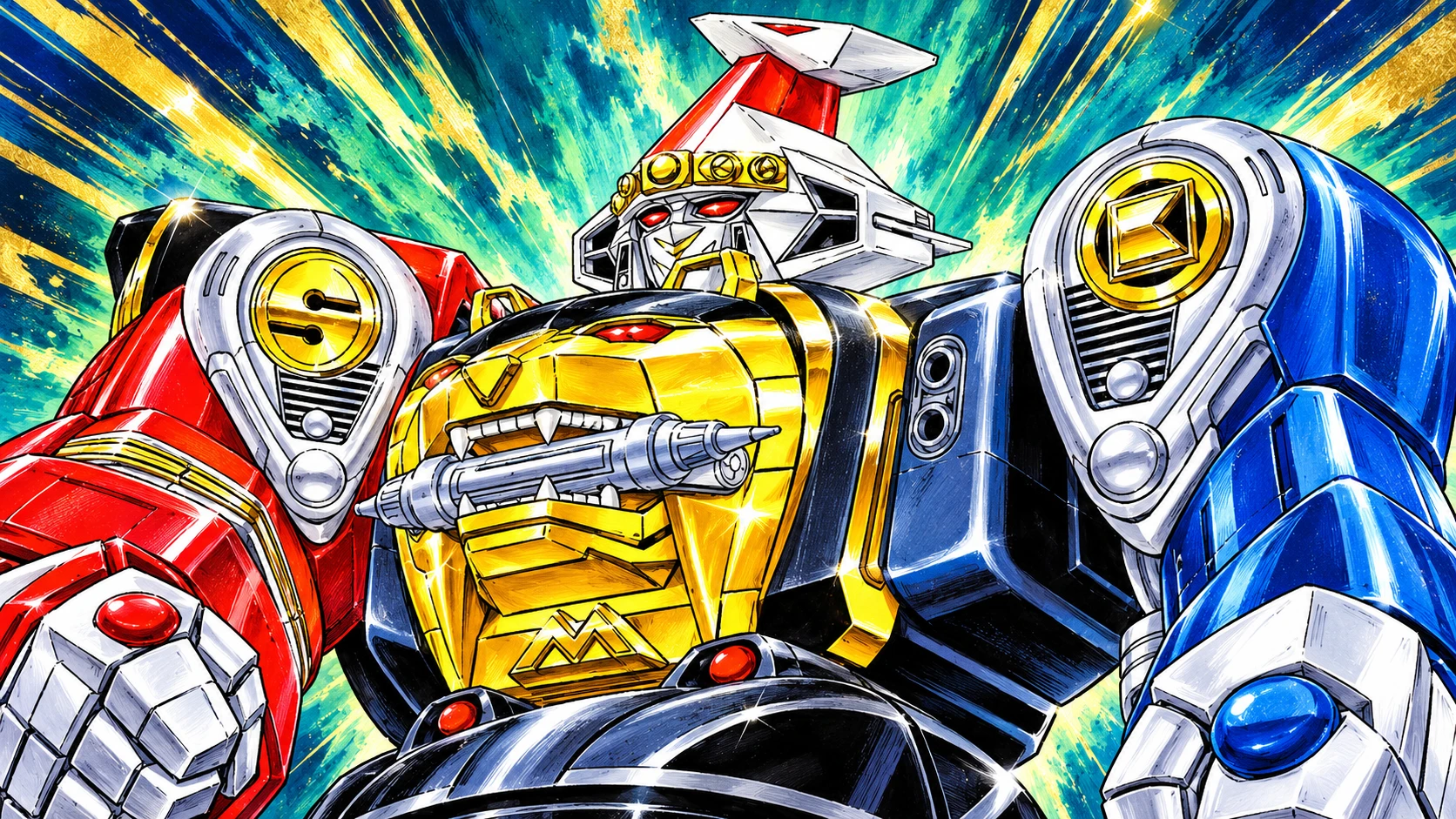 AI cover illustration: Kakure Daishogun with a gold bear-faced chest, crane helmet, and red and blue arms against teal and gold rays.
