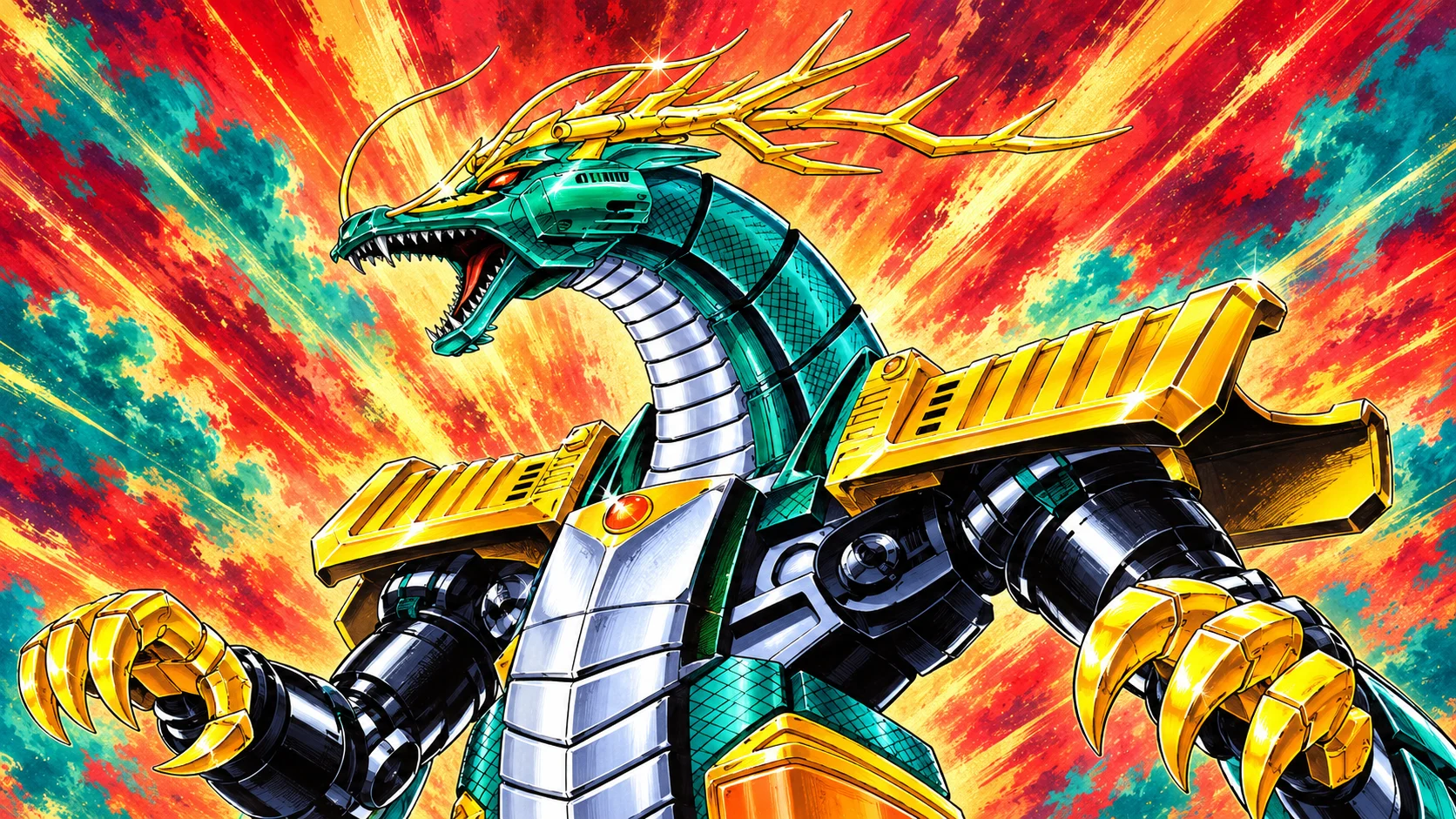 AI cover illustration of Daijinryu's teal mechanical dragon head, branching gold antlers, silver segmented throat and broad gold shoulders against a red and gold painted burst.