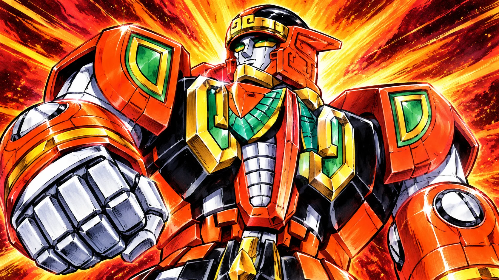 AI cover illustration: Red and green Ryuseioh in a close-up warrior pose against a fiery orange and gold painted burst.