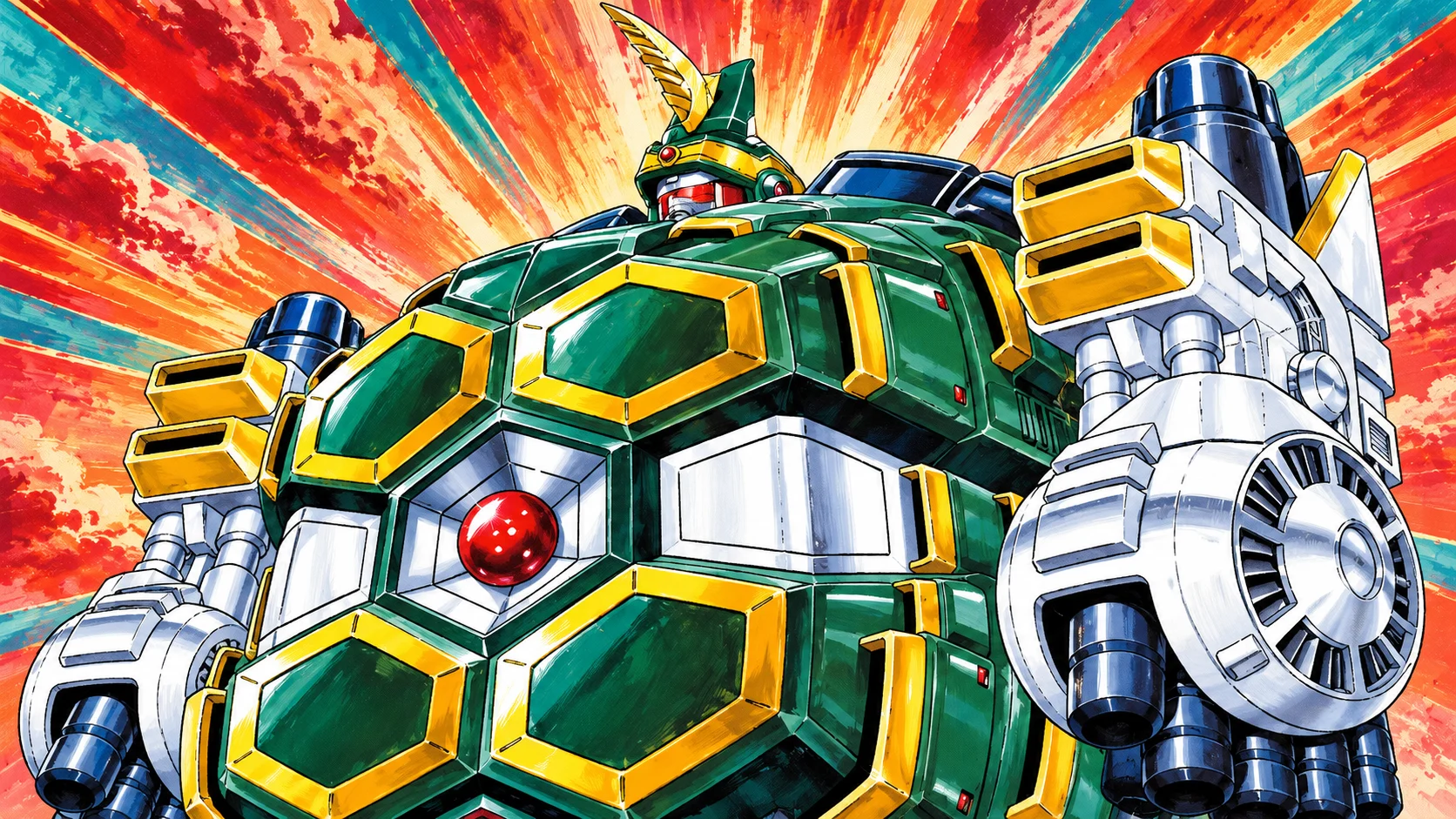 AI cover illustration of Daimugen's broad green shell-shaped warrior torso, gold-edged panels, red chest jewel, crested helmet, and silver arms against a coral and vermilion burst.
