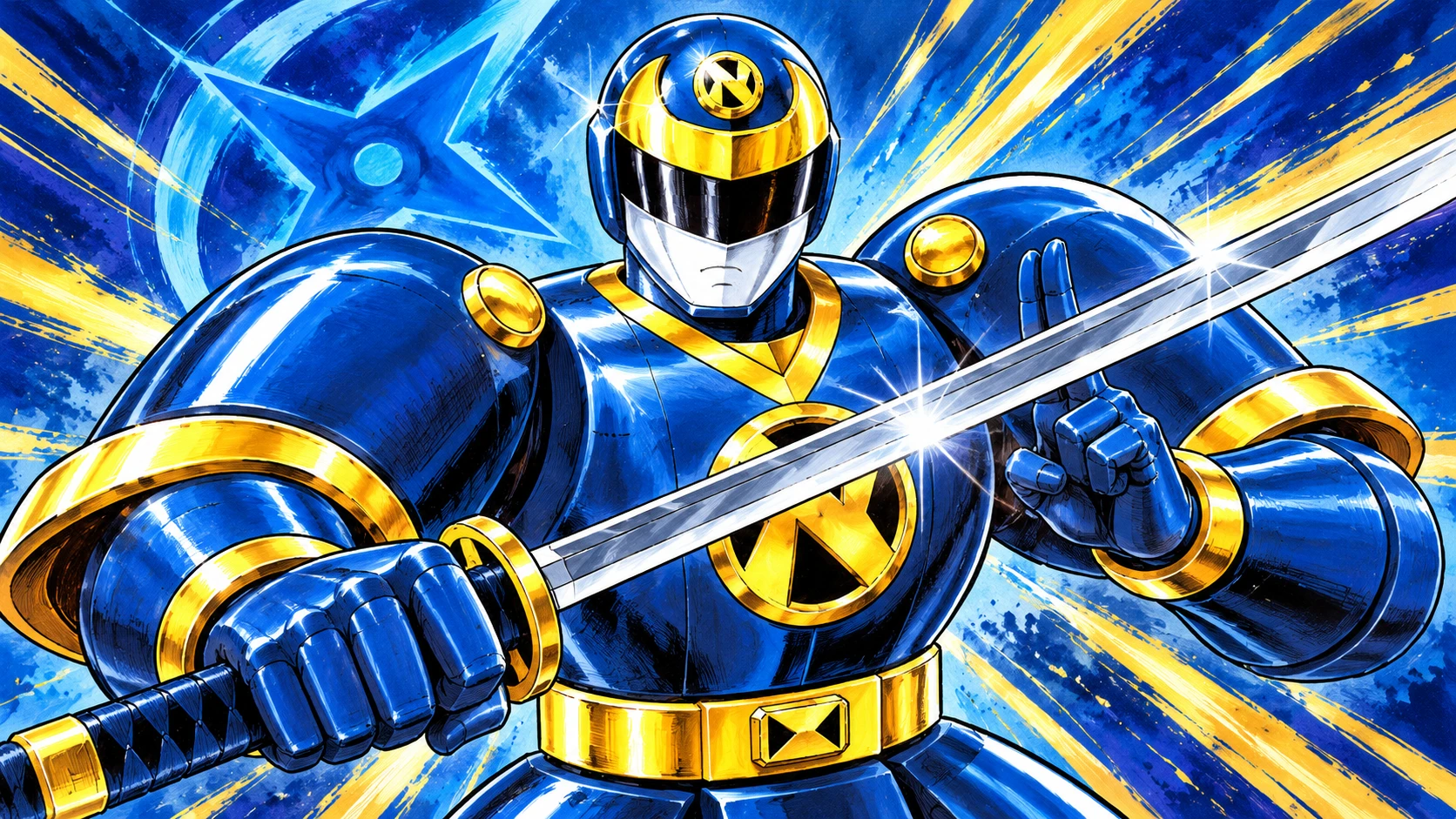 AI cover illustration: Blue and gold Ninjaman holding a sword across his chest against blue and gold painted motion.