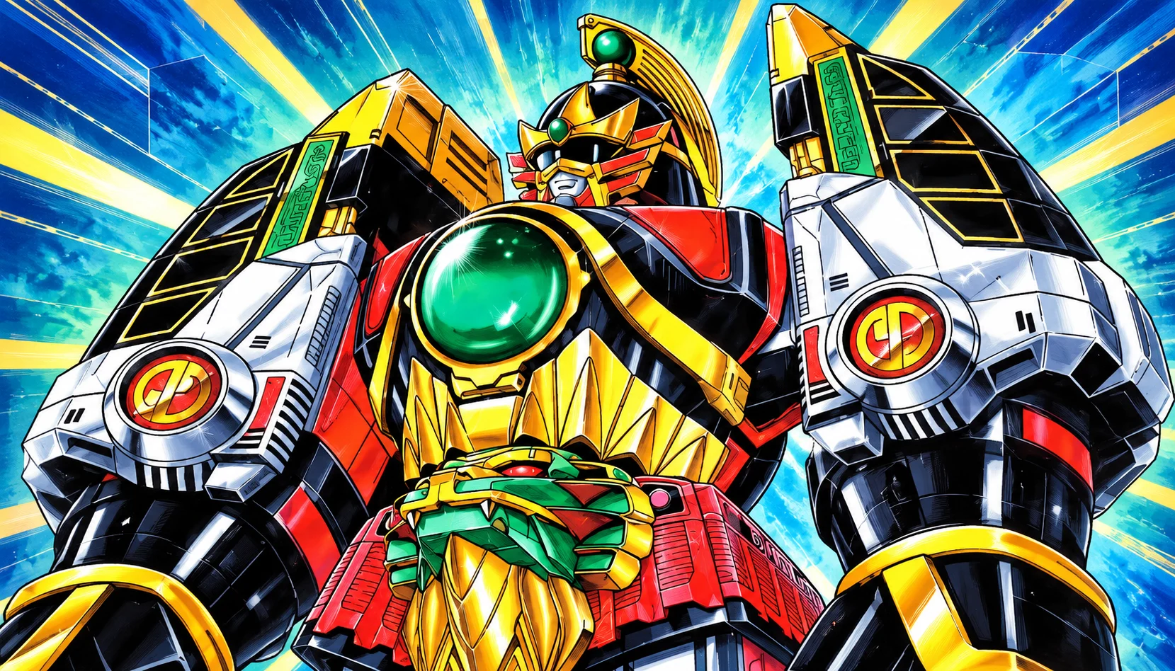 AI cover illustration: Dairenoh with a green chest jewel and broad silver shoulders against a blue and gold painted burst.