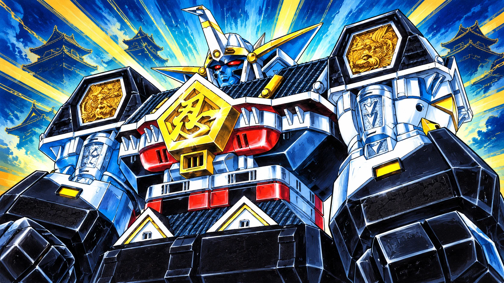 AI cover illustration: Muteki Shogun with castle-shaped armor against blue and gold rays and castle silhouettes.