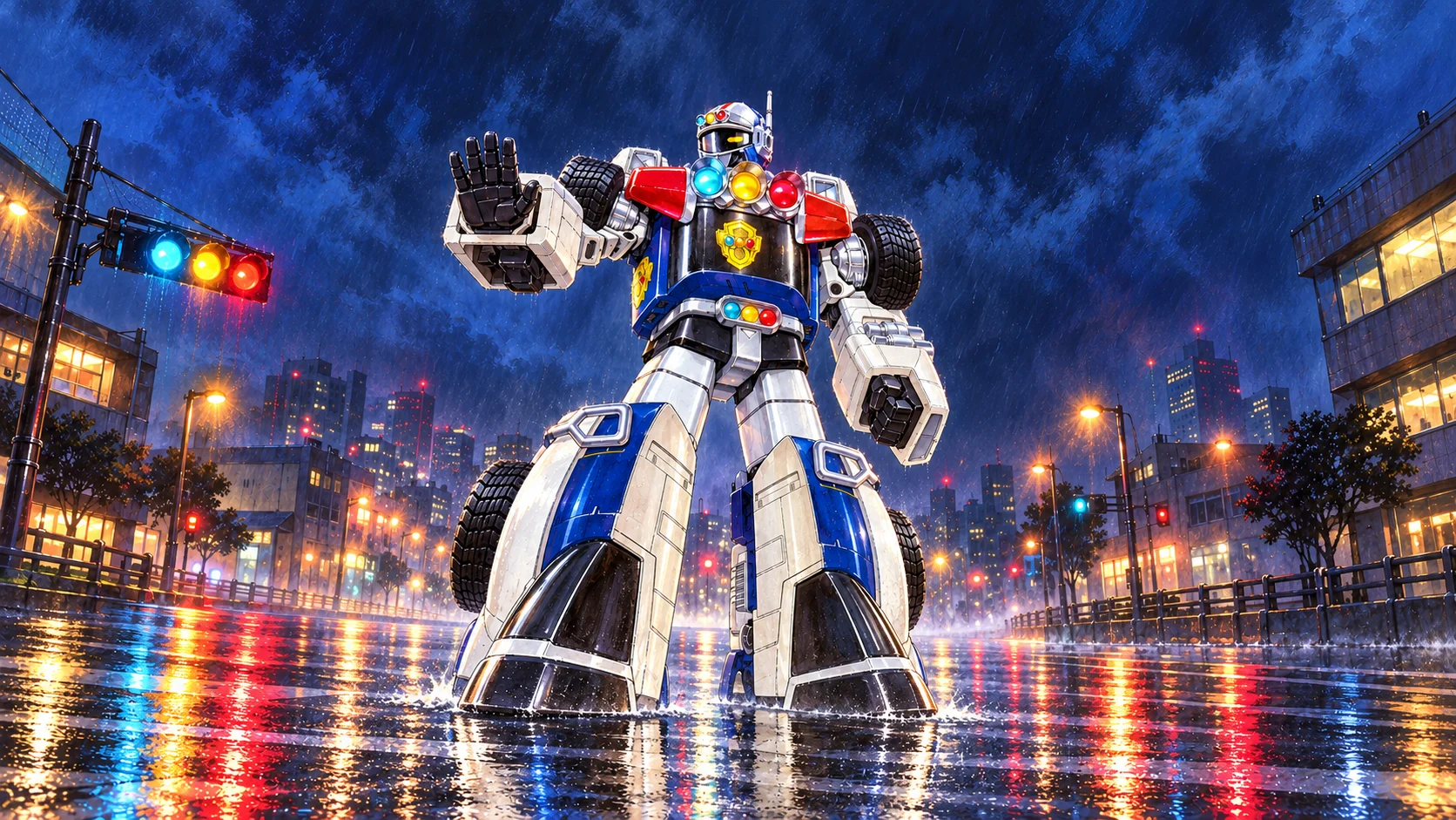 Painted blue and white Sirender raising one hand at a rain-lit city intersection, with signal lamps across its chest.