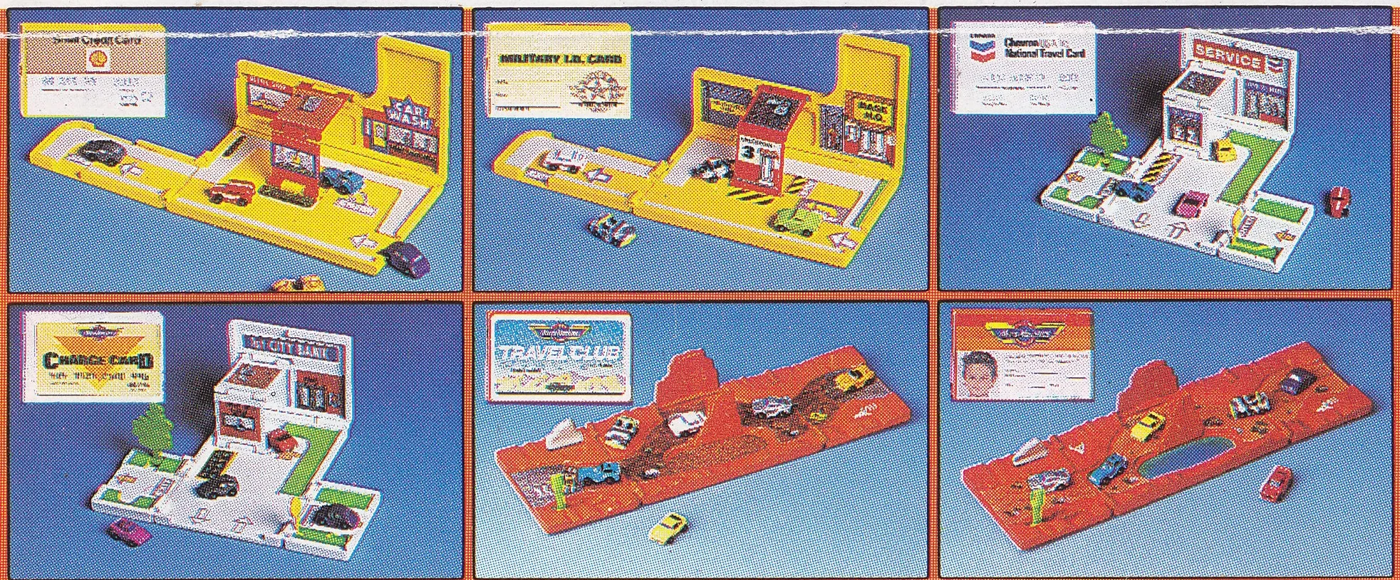 Six credit-card playsets in two rows, each pictured with its card face: Shell, Military ID, Chevron, Micro Machines Charge, Travel Club and Drivers License.