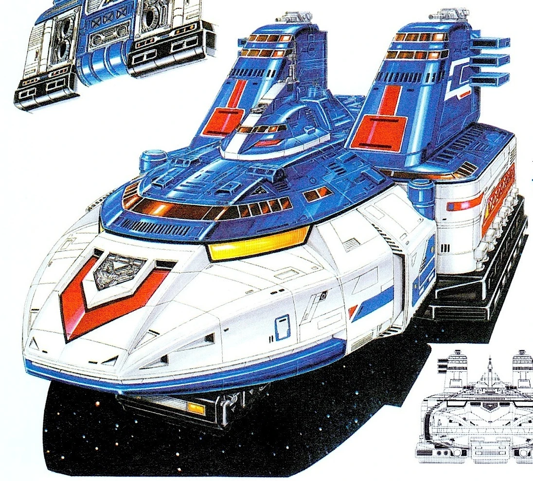 GigaBitus Cruiser Mode artwork showing a broad shark-shaped hull and two blue towers behind the bridge.