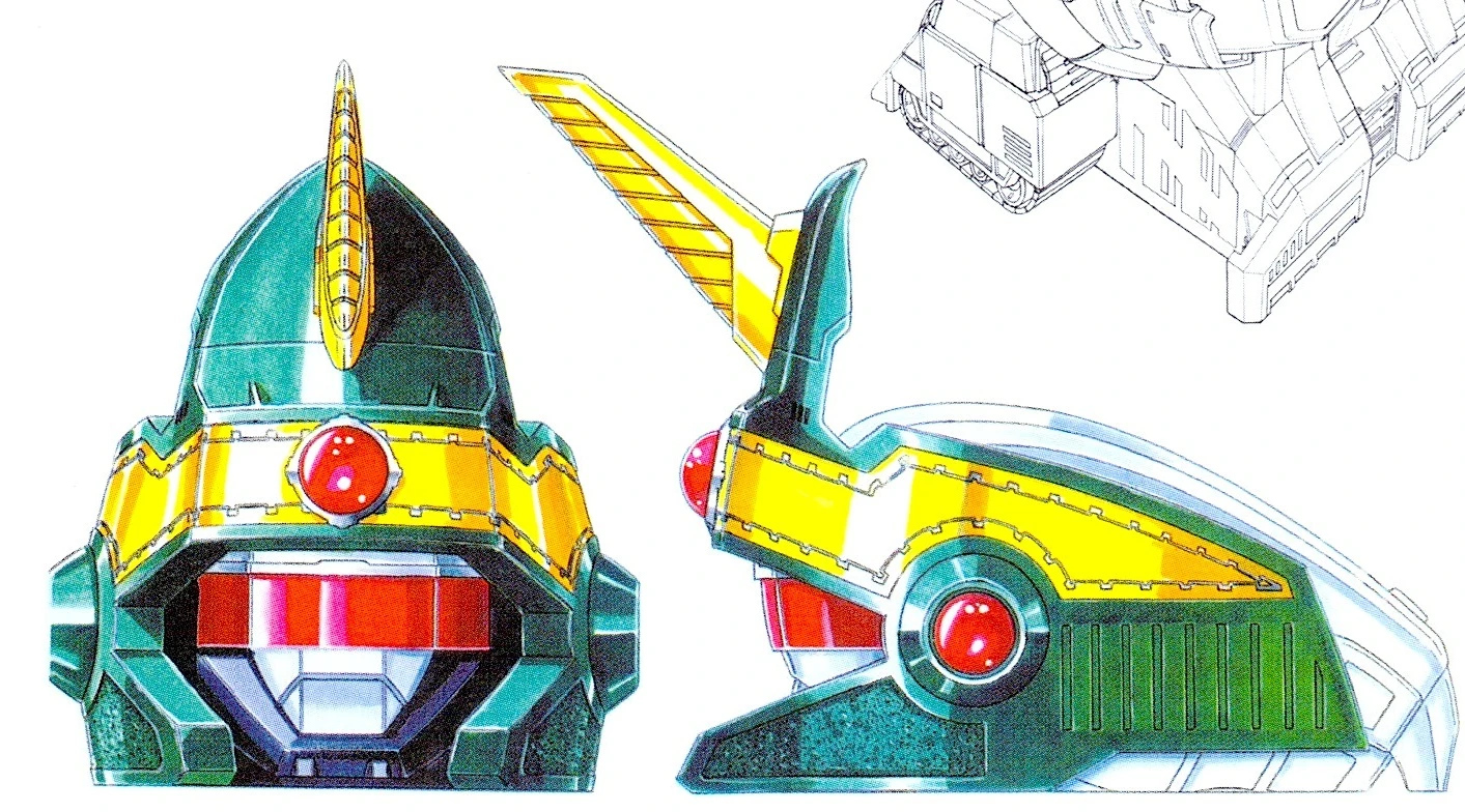 Colored front and side studies of Daimugen's green helmet, swept gold crest, red visor, silver face and round red details.