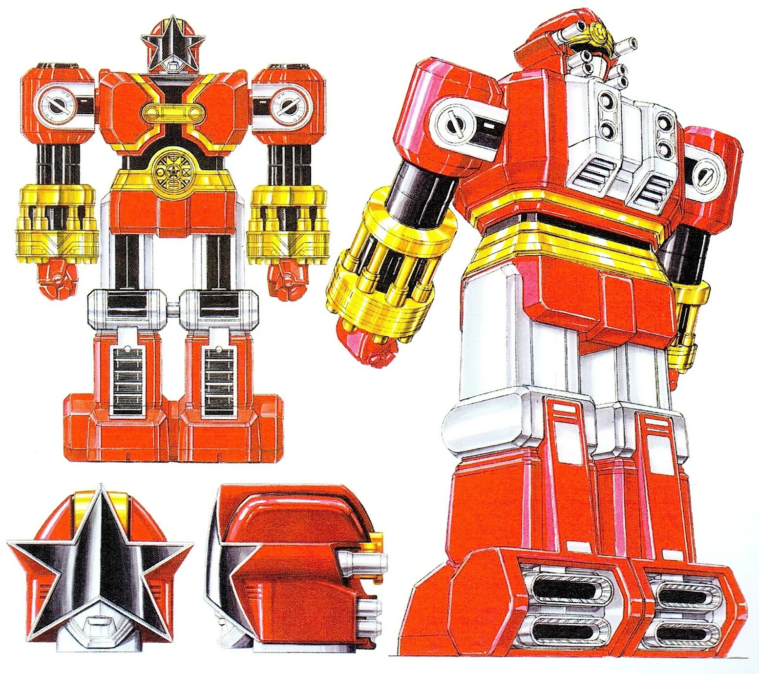 Front and rear drawings of Red Puncher with two enlarged helmet views, showing the star visor on the front and cannon-like details on the back of the head.