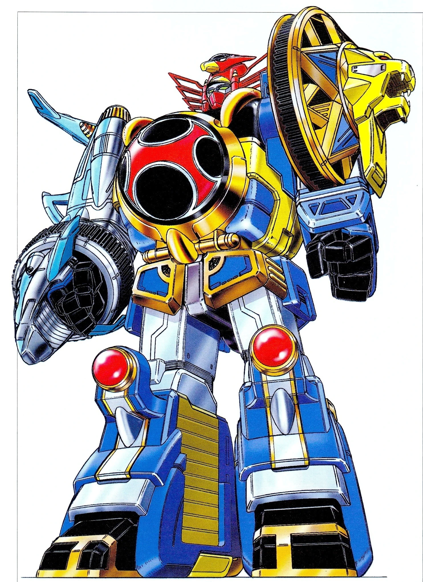 Finished Senpuujin artwork with a red hawk helmet, round red-and-black chest, blue dolphin right arm, gold lion-wheel left shoulder and broad blue legs.
