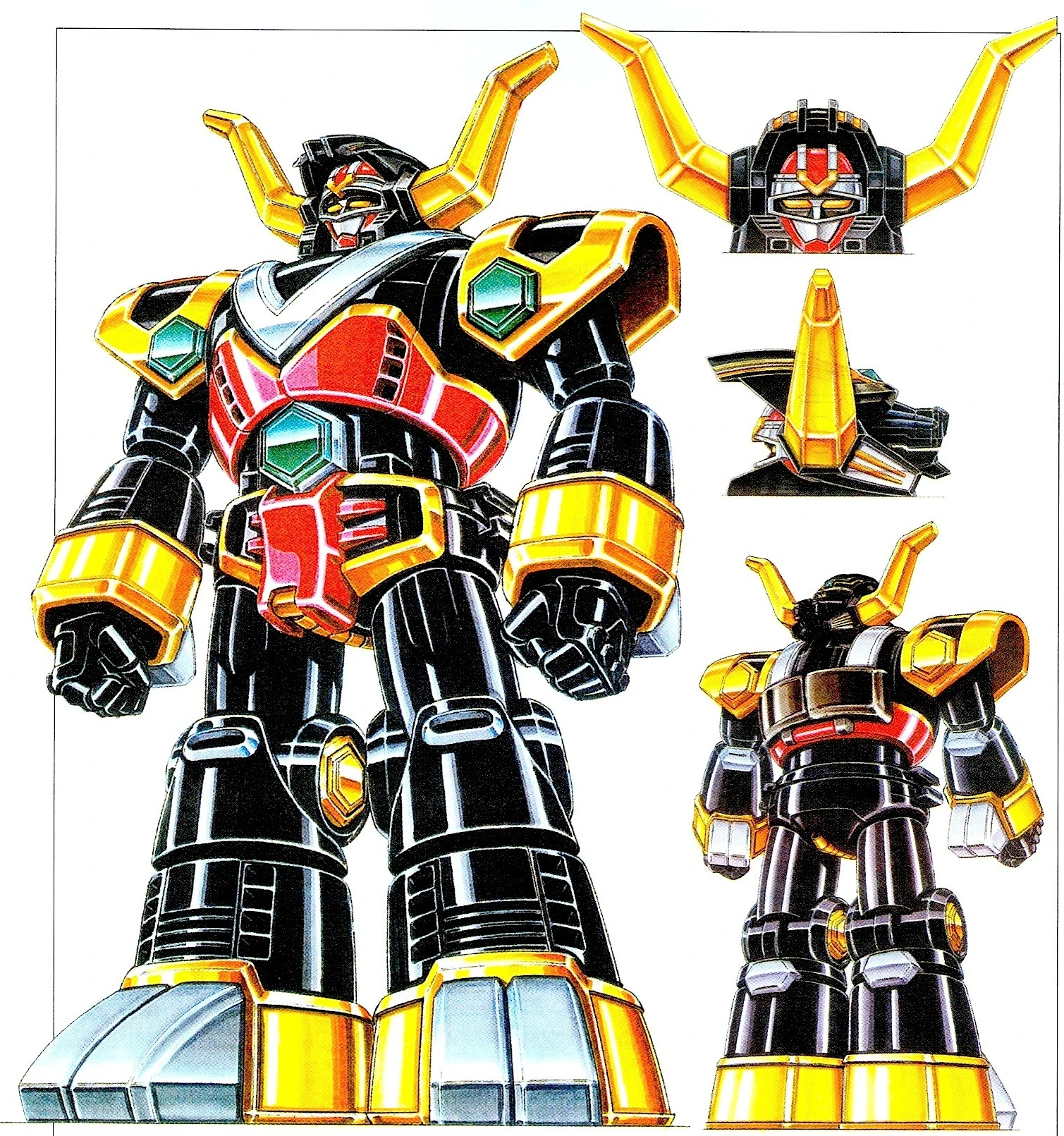 Finished BullTaurus front and rear designs with separate helmet studies; black armor, gold horns and green hexagonal accents.