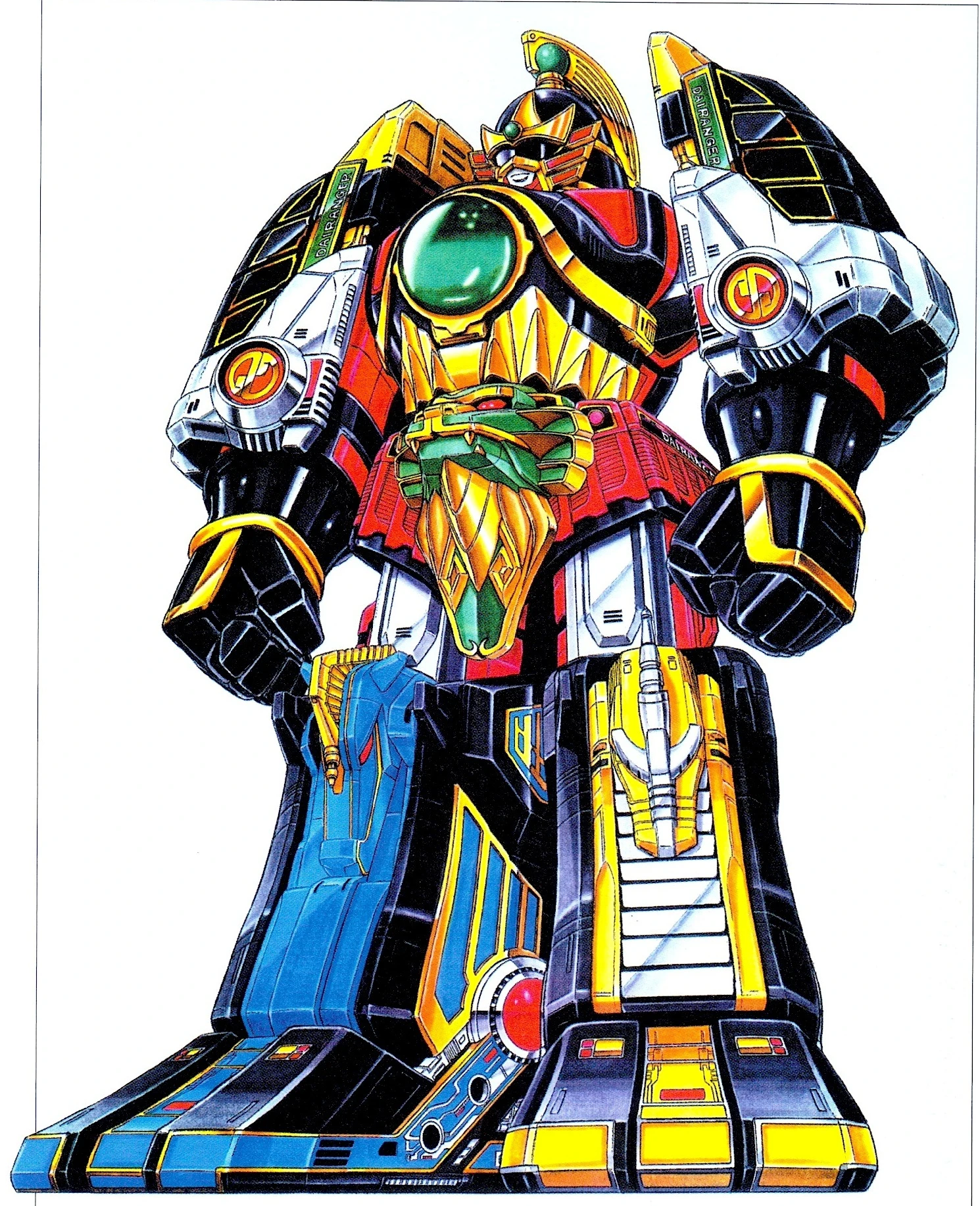 Finished Dairenoh artwork with a gold-crested helmet, round green chest jewel, lion-faced gold torso, large silver shoulders, and blue and yellow lower legs.