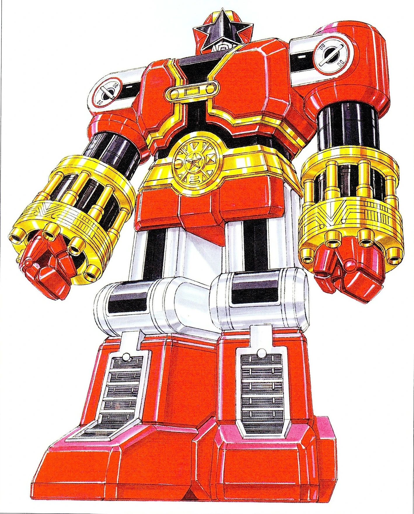 Finished Red Puncher artwork: black star-shaped visor, broad red shoulders and chest, gold barrel-shaped forearms around red fists, silver thighs and red boots.