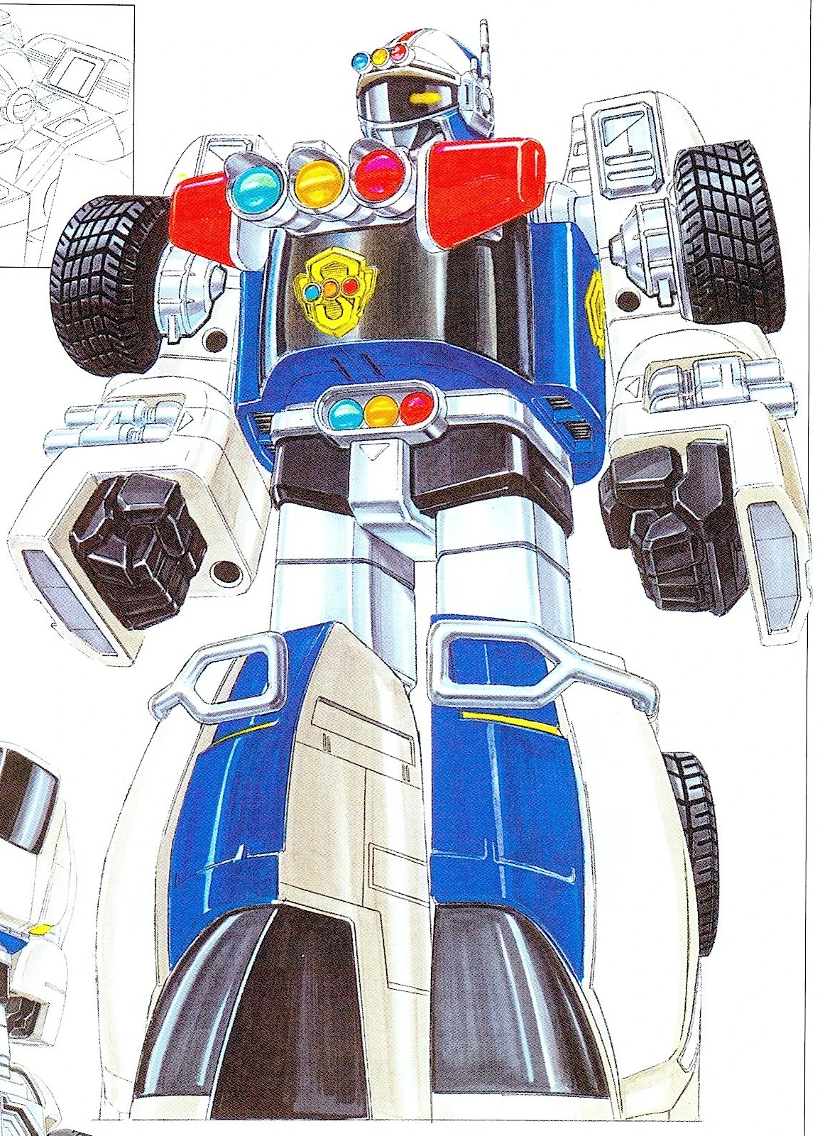 Finished Sirender design with a blue and white car body, red chest lamps, gold police badge and tires at the shoulders.