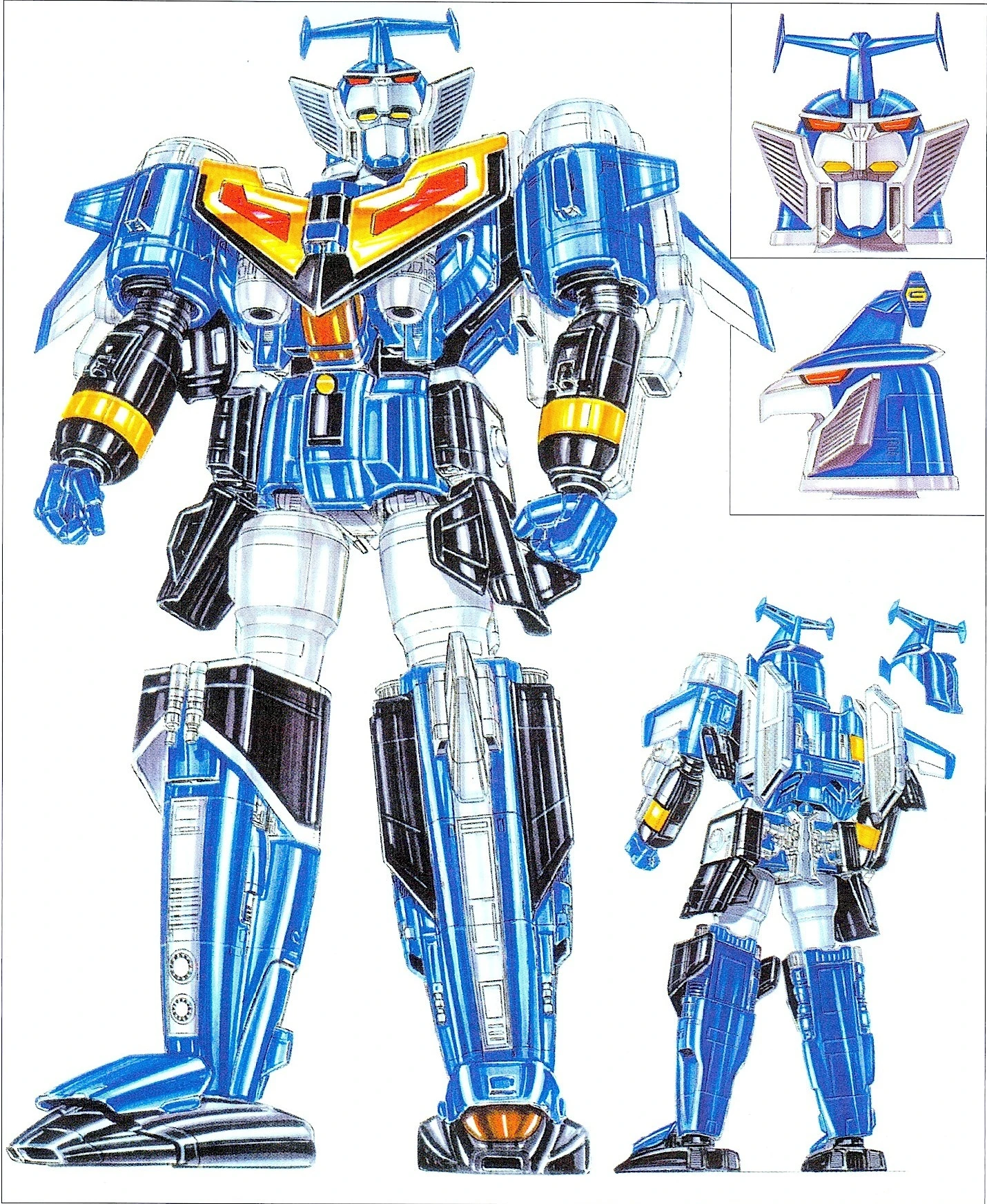 Blue GigaPhoenix finished design with cylindrical arms, aircraft shins, and rear and helmet detail views.