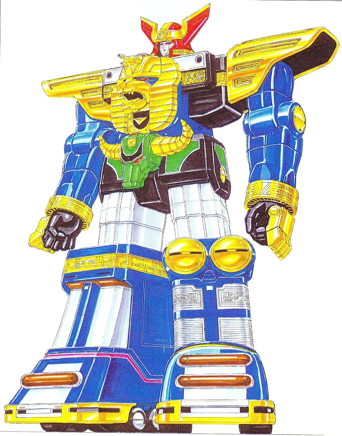Finished Ohranger Robo artwork with a red winged helmet, gold lion-faced chest and shoulder armor, blue arms, green bull-faced abdomen, white thighs and two differently detailed blue lower legs.