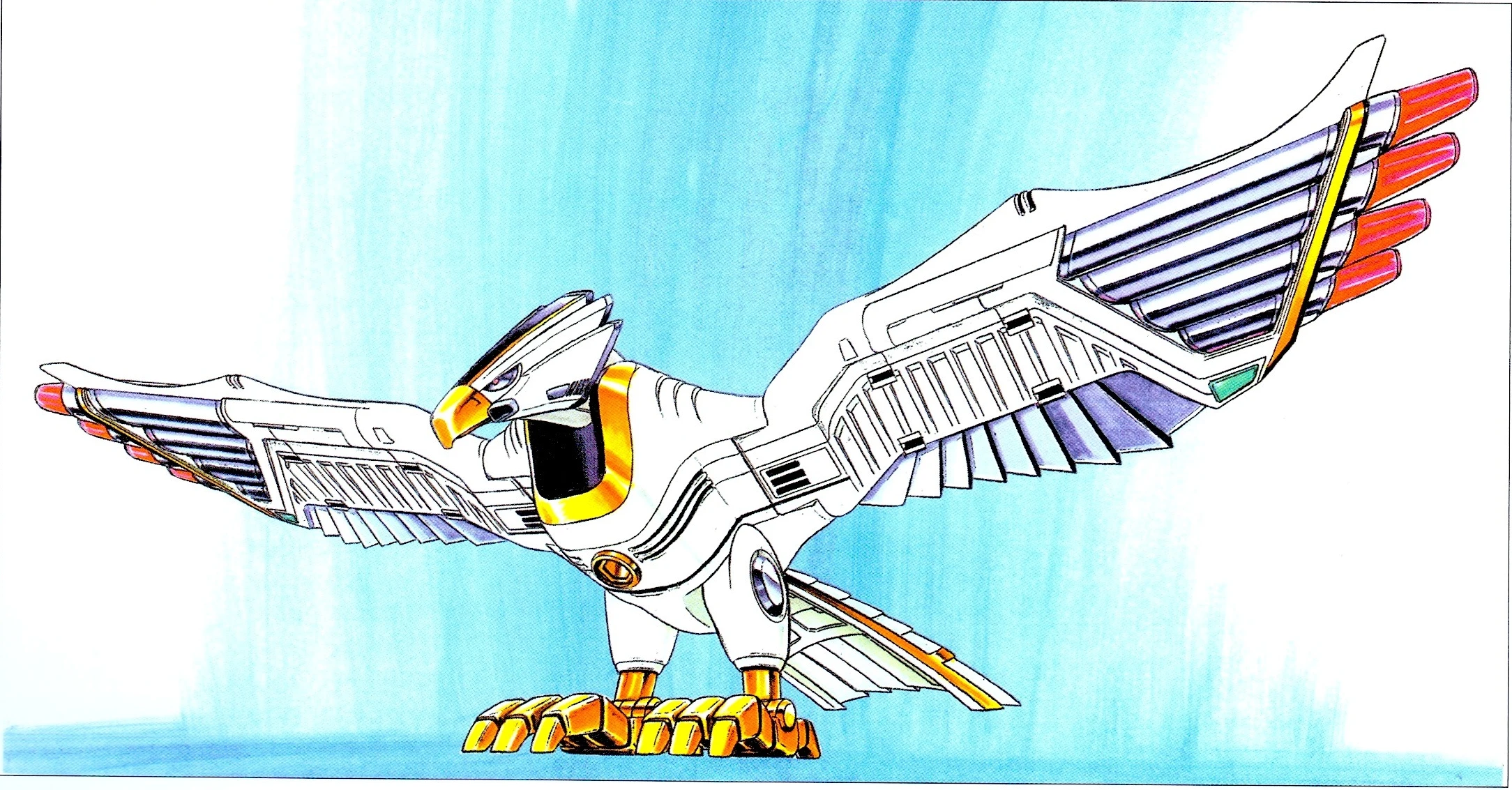 Finished Tsubasamaru artwork: a white mechanical bird standing with broad wings raised, gold claws, and four red cannon tips on each wing.
