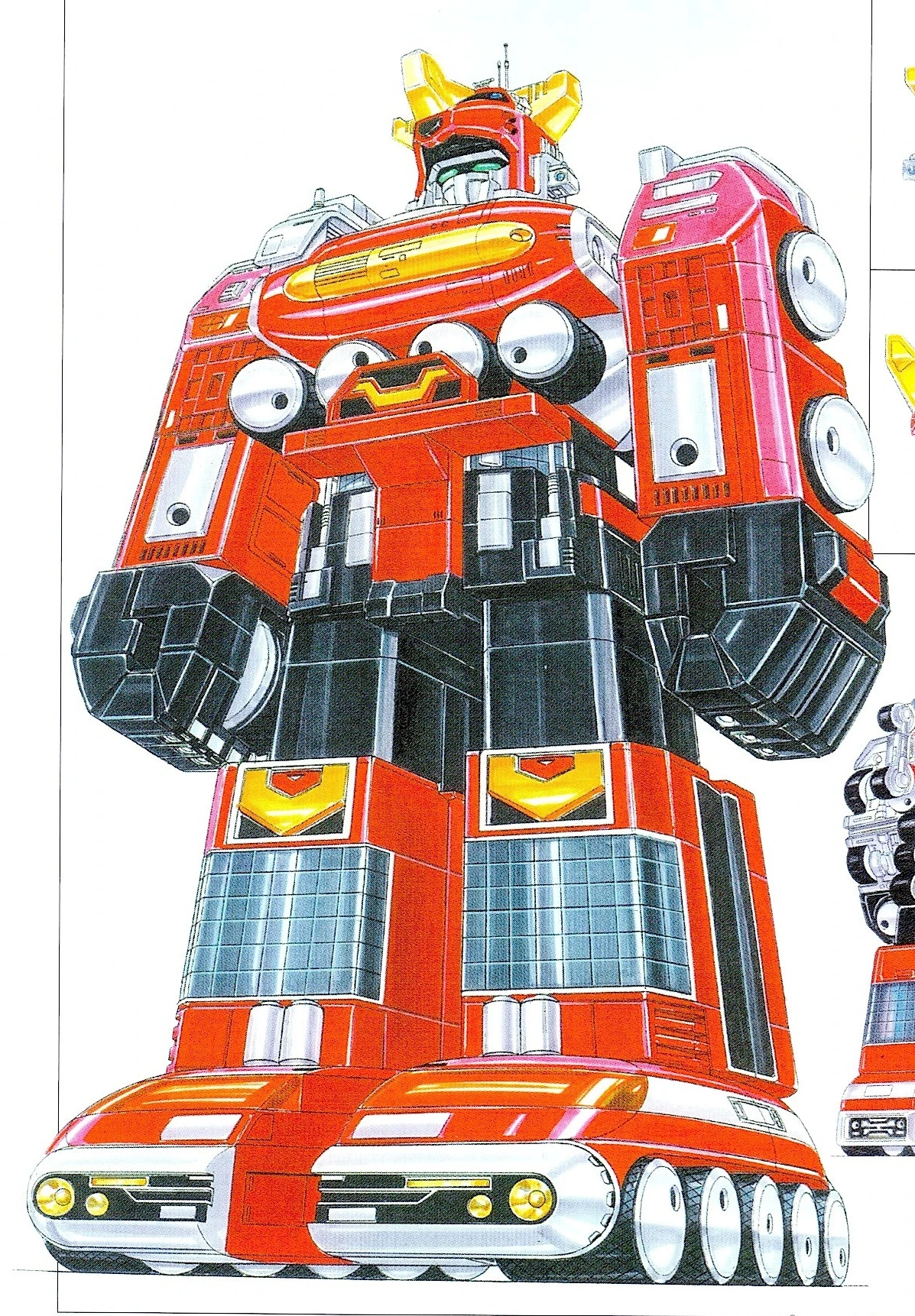 Finished red GigaRhinos design with a gold chest, wheel-lined arms and abdomen, and broad truck-front feet.