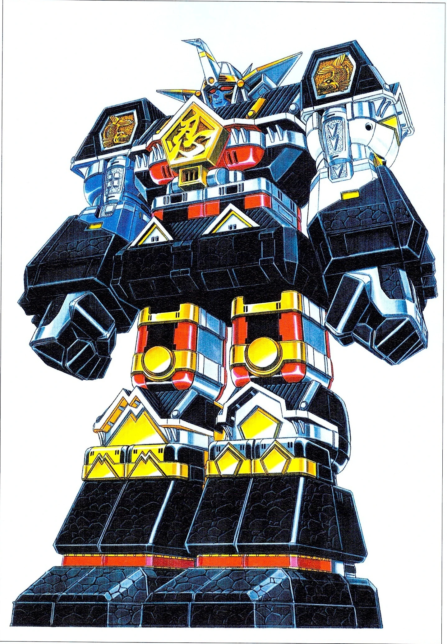 Color design artwork of Muteki Shogun with a blue face, gold chest emblem, roof-like armor, and broad black feet.
