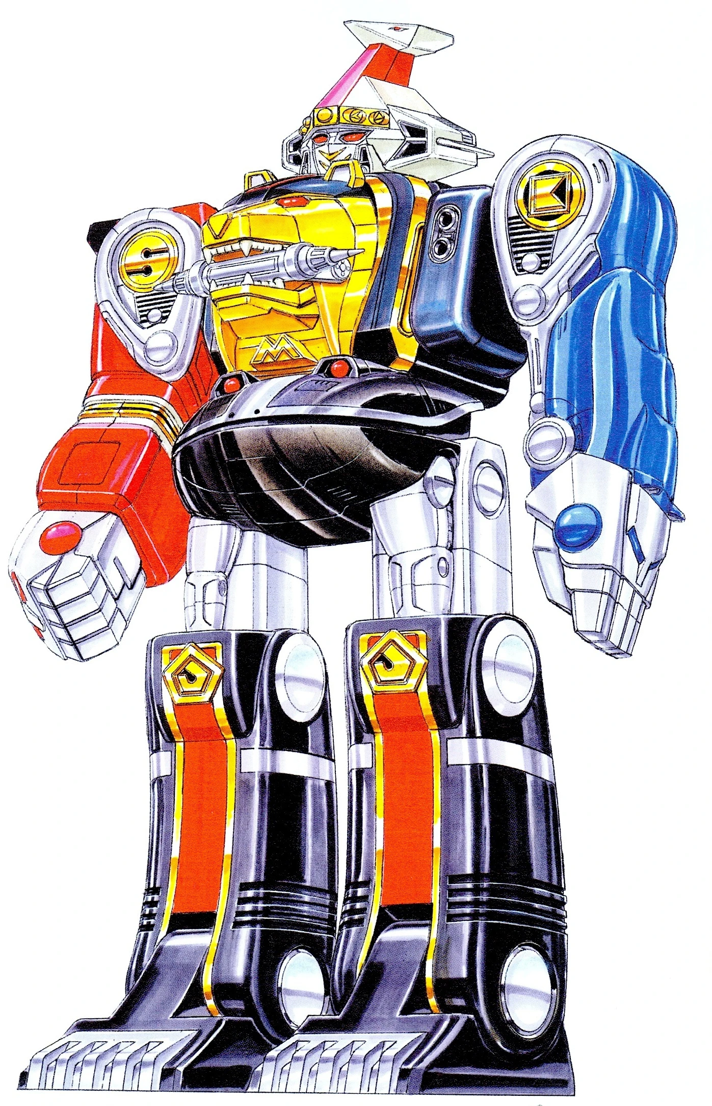 Finished Kakure Daishogun artwork with a white crane-shaped helmet, red right arm, blue left arm, yellow bear face on its chest, and tall black legs.